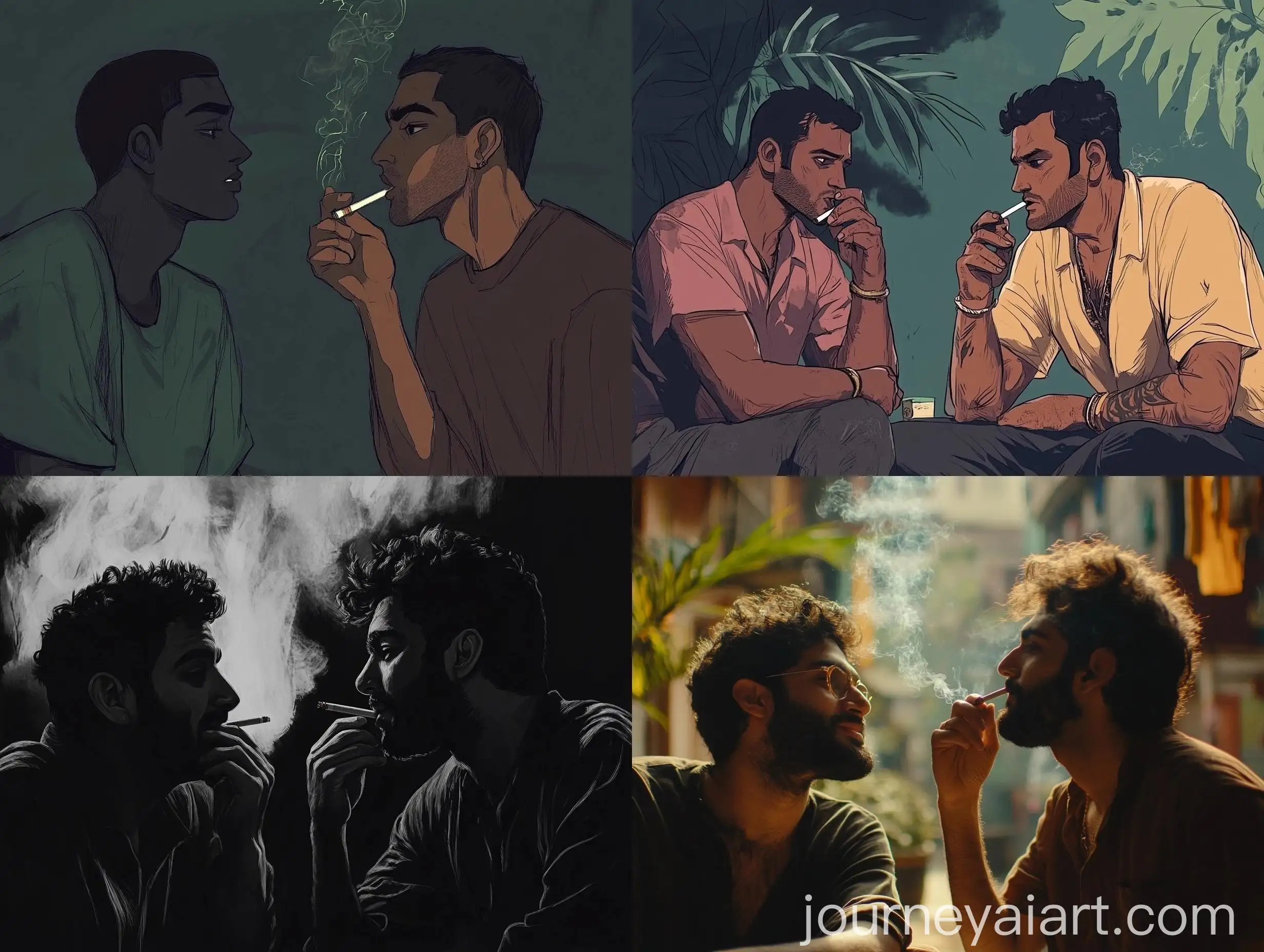Vishal-and-Justin-Smoking-Cigarettes-in-Urban-Complex-Conversation