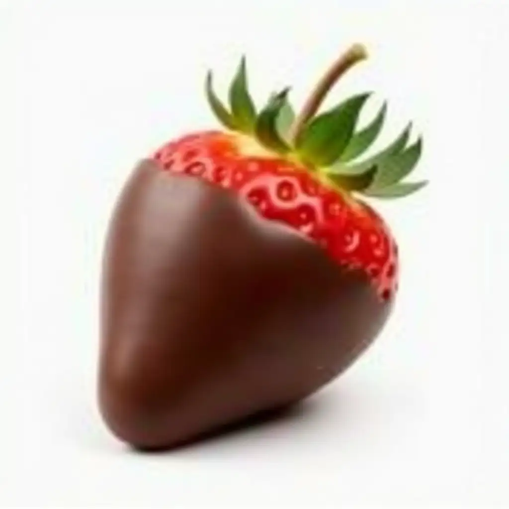 A single chocolate covered strawberry, looks very tasty and fresh., chocolate is smooth and creamy and strawberry looks natural yet vibrant.