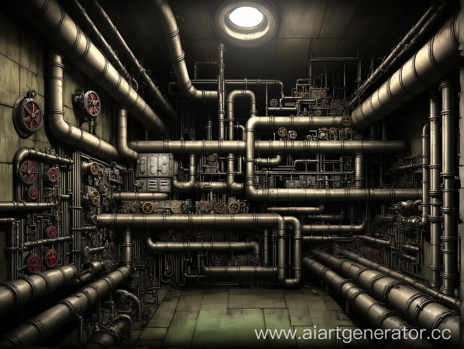 Underground bunker background, pipes, mechanisms, saifai style mixed with Gothic, side view