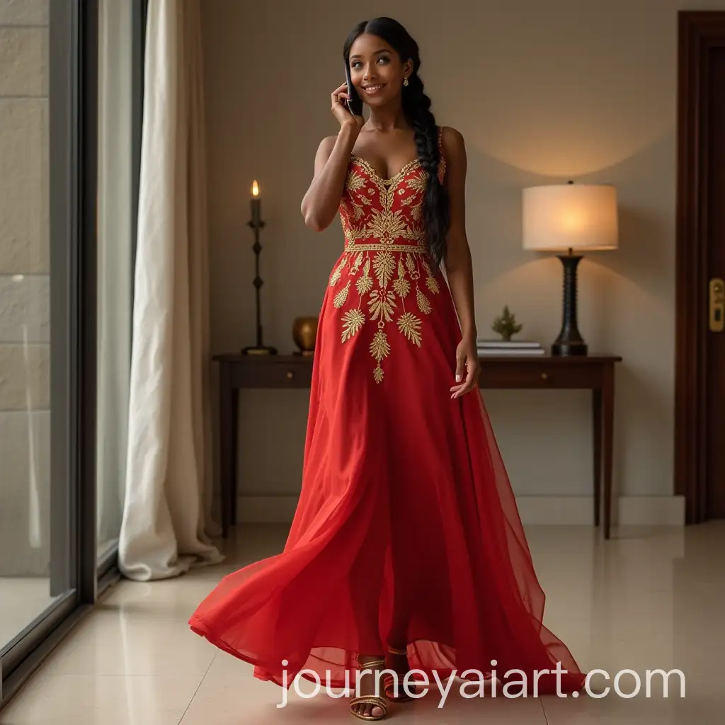 Elegant-Woman-in-Red-Dress-Making-a-Call-in-Modern-Room