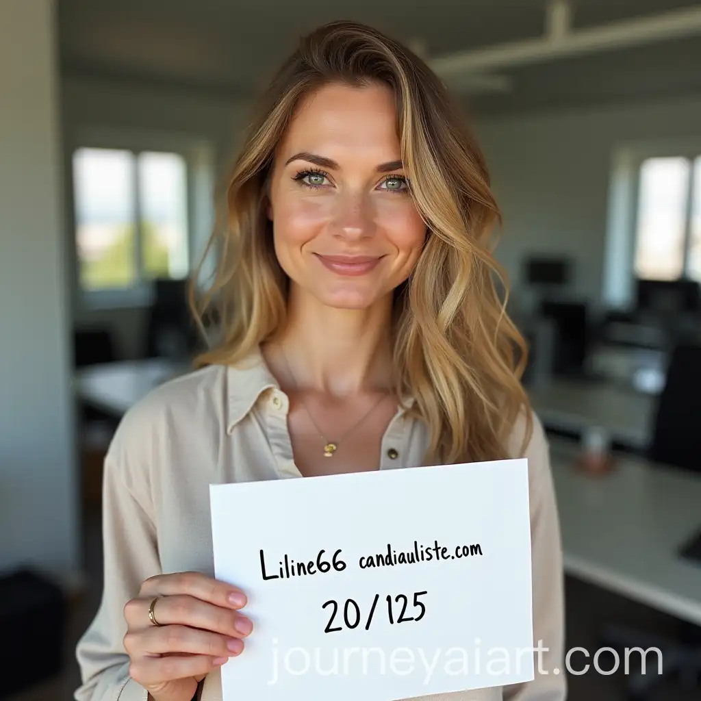 Selfie-of-40YearOld-Woman-in-Office-Holding-Handwritten-Note