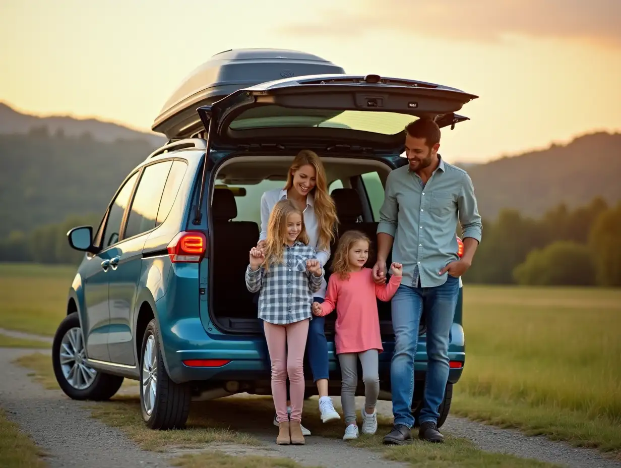 a family of 4 stood by a modern european car with a roofbox on the roof, about to go on holiday