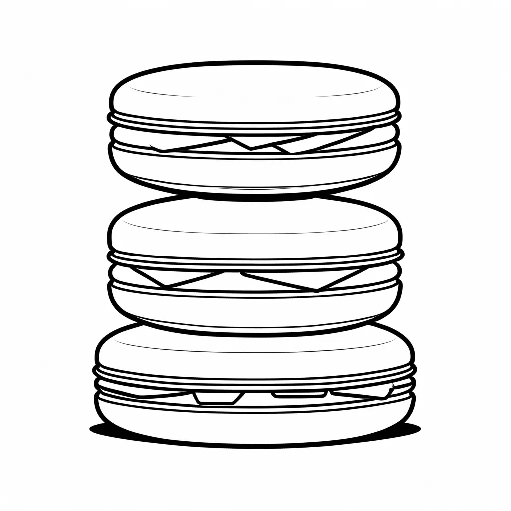 Kawaii style a stack of macaroons with different expression for each of them, Coloring Page, black and white, line art, white background, Simplicity, Ample White Space. The background of the coloring page is plain white to make it easy for young children to color within the lines. The outlines of all the subjects are easy to distinguish, making it simple for kids to color without too much difficulty