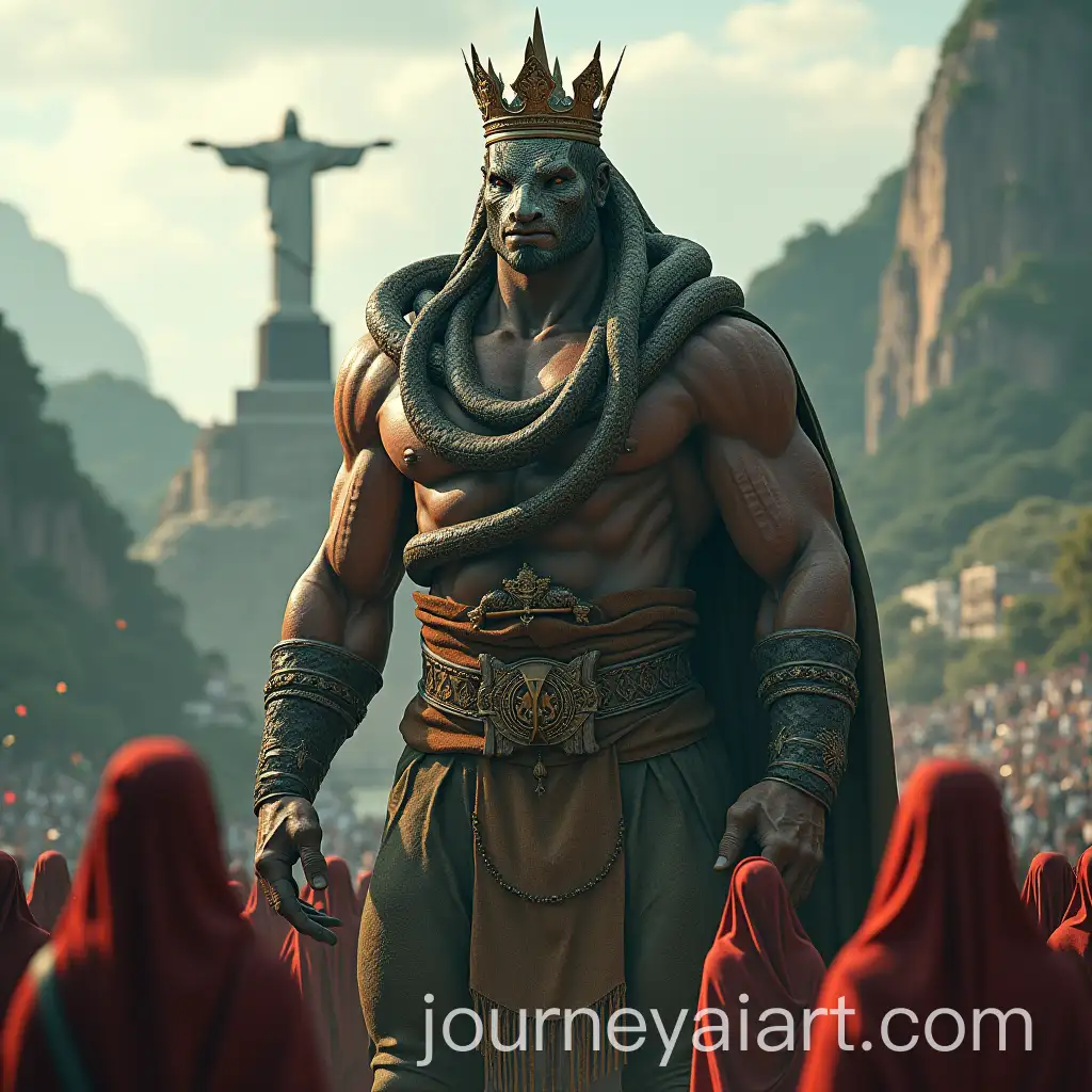 Hyperrealistic-Giant-King-Humanoid-with-Snake-Head-and-Crown-in-Rio-de-Janeiro