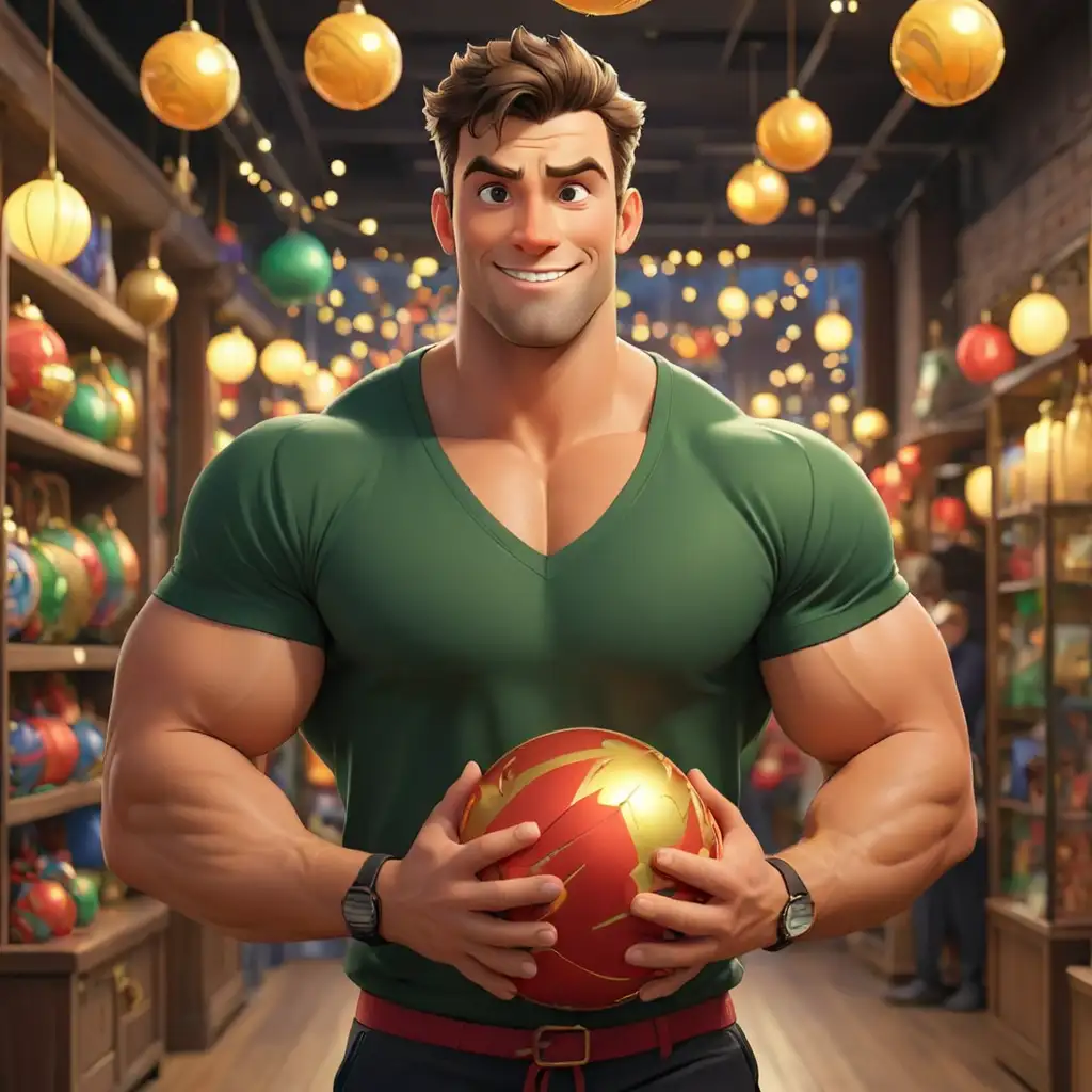 Handsome-Strong-Man-in-New-Years-Clothing-Holding-a-Ball-in-Festive-Store