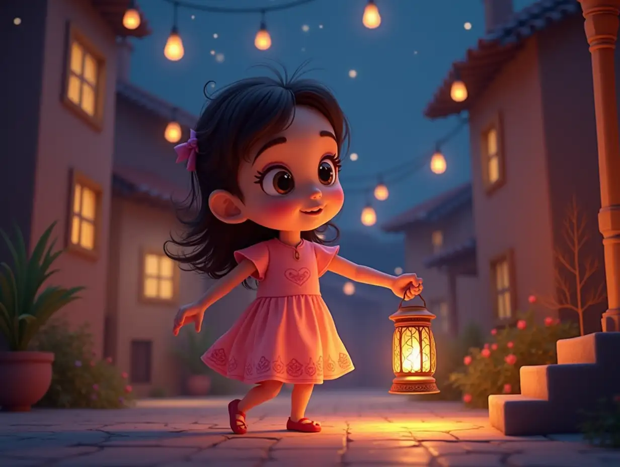 Create a 20-second video for YouTube for a young girl over the age of 4 to 5 years old who is an animation carrying a lantern in her hand, Ramadan wearing a wonderful dress, dancing to the music and celebrating a new Ramadan neighborhood without voice over, and in the background of the video is beautiful music for Ramadan and around it a luminous Ramadan atmosphere