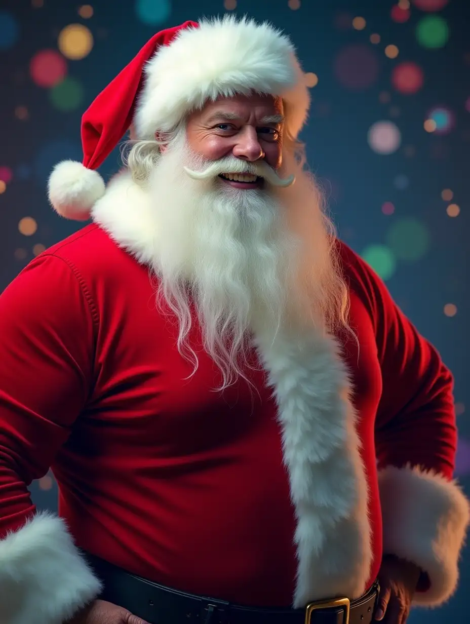 Muscular Santa Claus with a long white beard wearing a red suit, standing in front of a colorful background with sparkles and lights