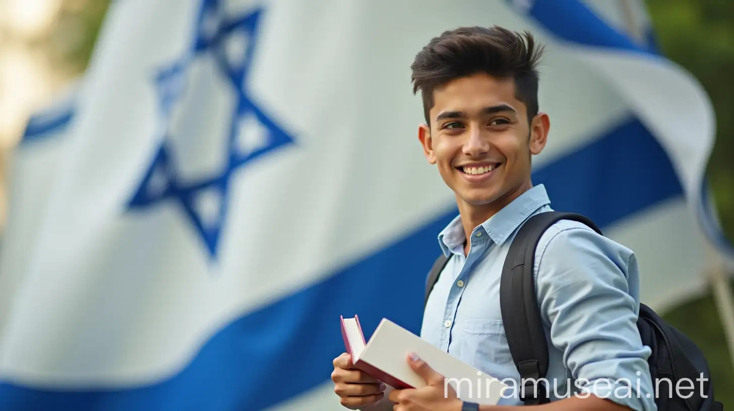 Young Indian Student Holding Books with Israel Flag in the Background