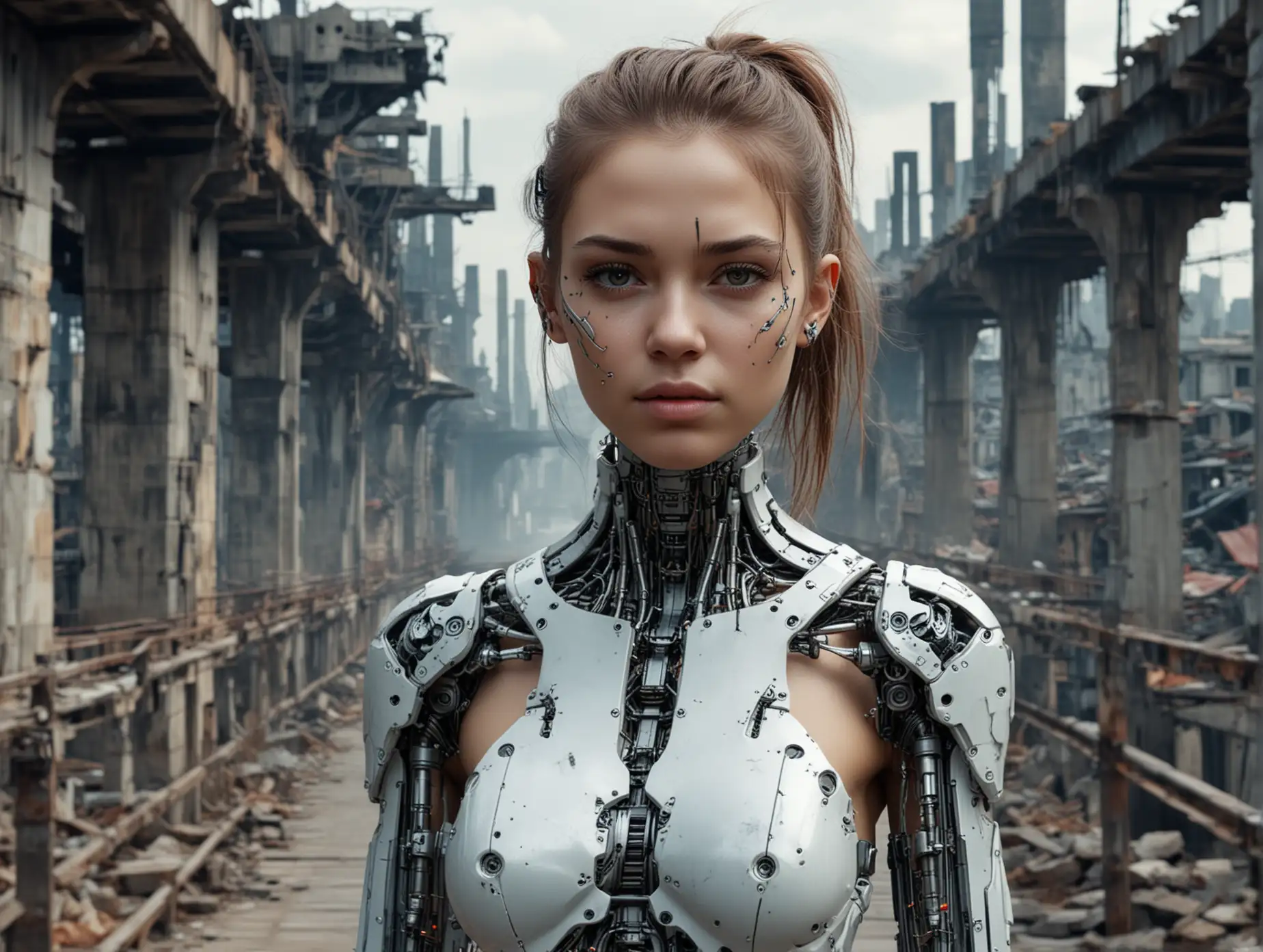 Cyborg-with-Human-Face-Walking-Amid-Futuristic-City-Ruins