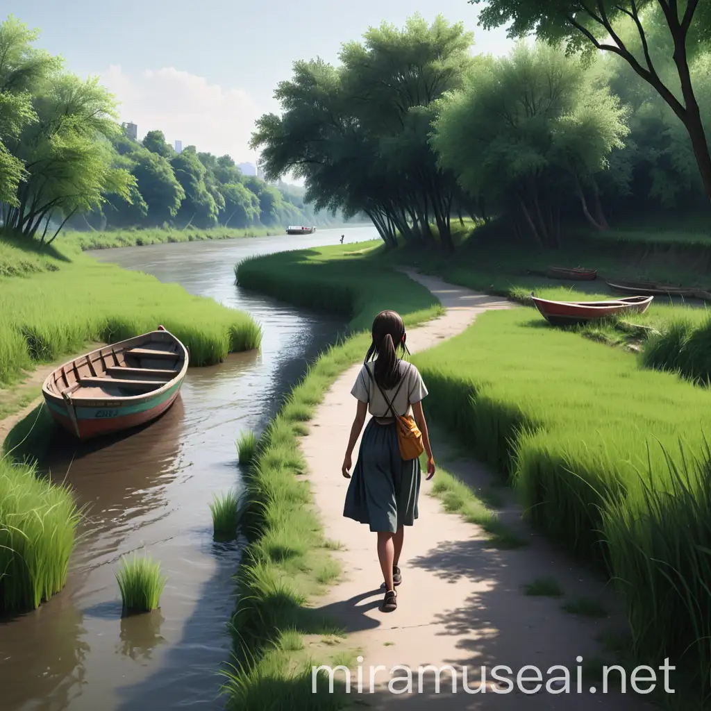 Girl Walking Along Riverside with Boat and Greenery