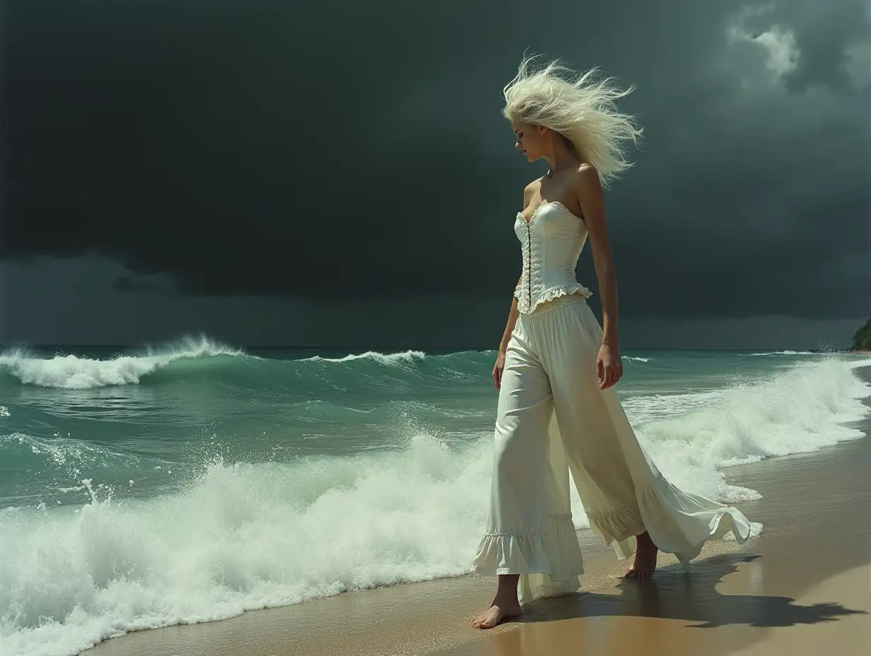 Woman-with-White-Hair-Walking-on-Stormy-Beach-in-Surreal-Style