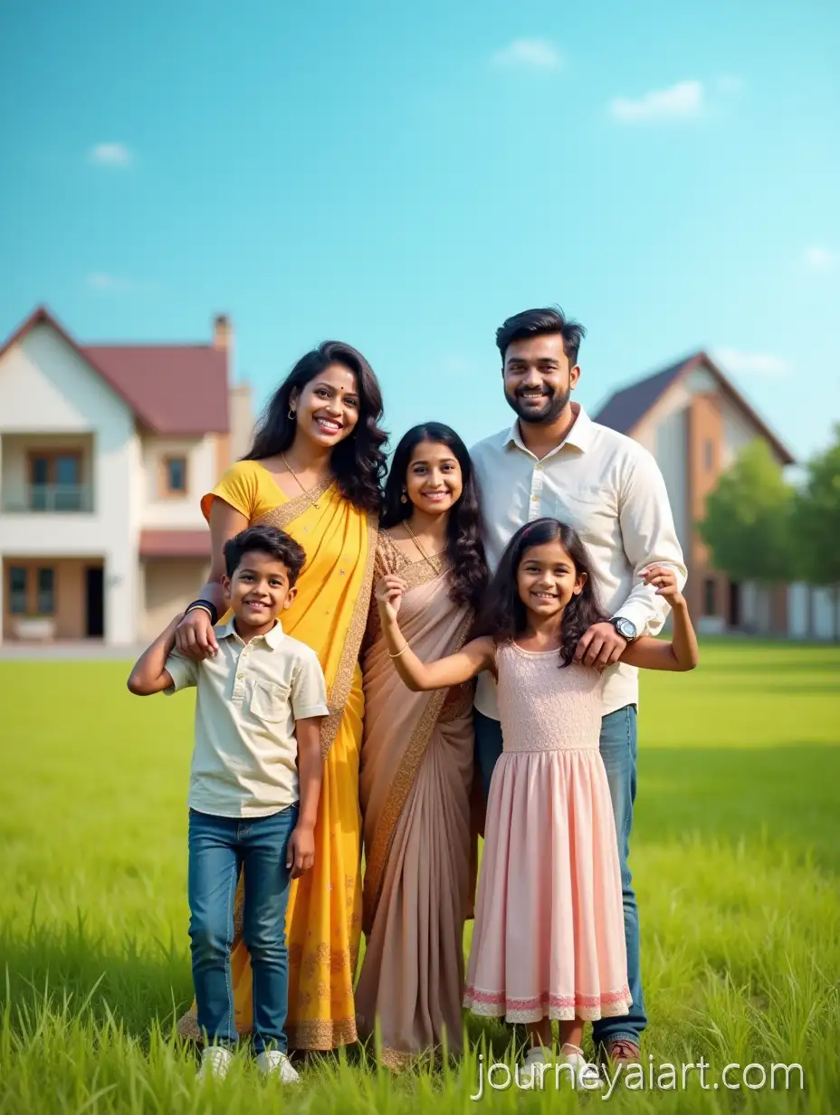 Happy-Indian-Family-in-Modern-Casual-Outfits-on-a-LHappy-Indian-Family-Photoush-Residential-Plot