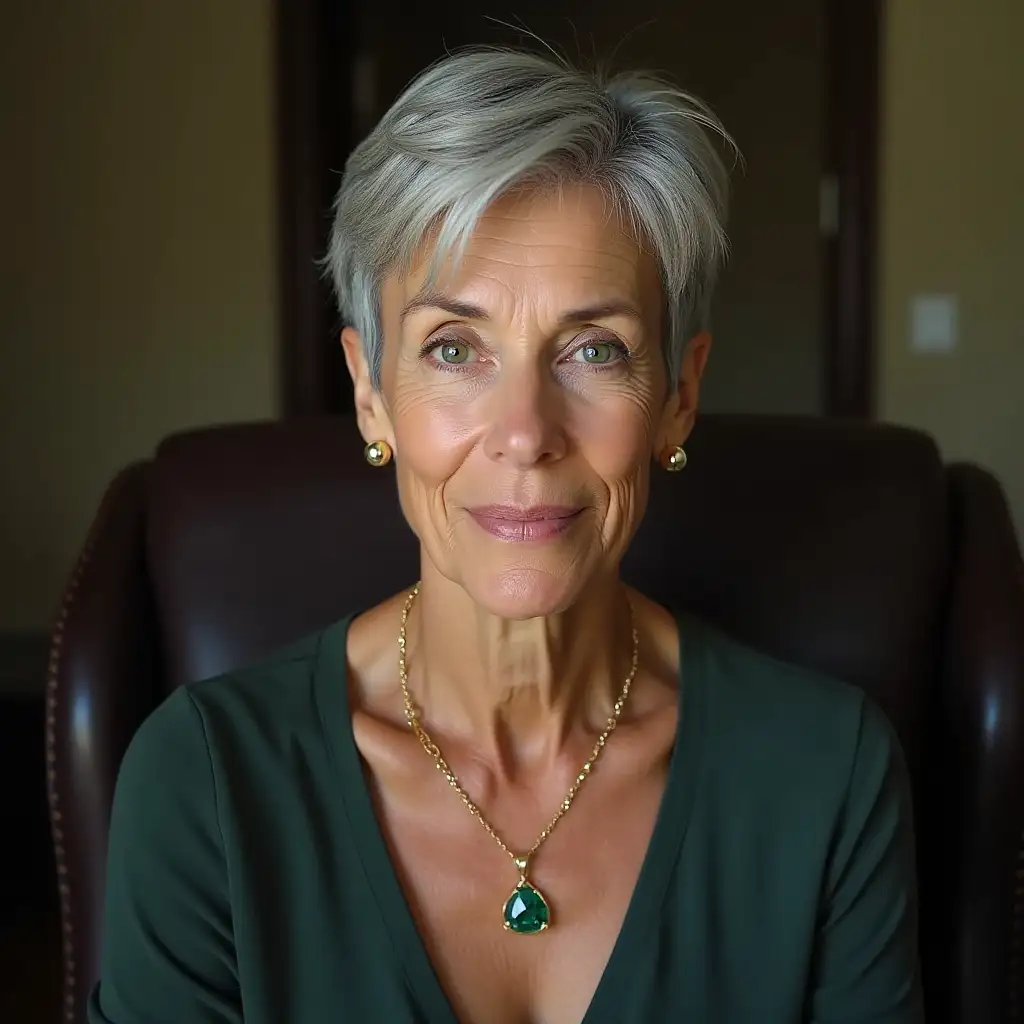 A woman older than 40 years, green eyes, heads a department, height 160 cm, on the neck a medium gold chain, on the chain a pendant with alexandrite, earrings - spheres, small ears, hair short haircut, light gray, sits on a chair in full turn