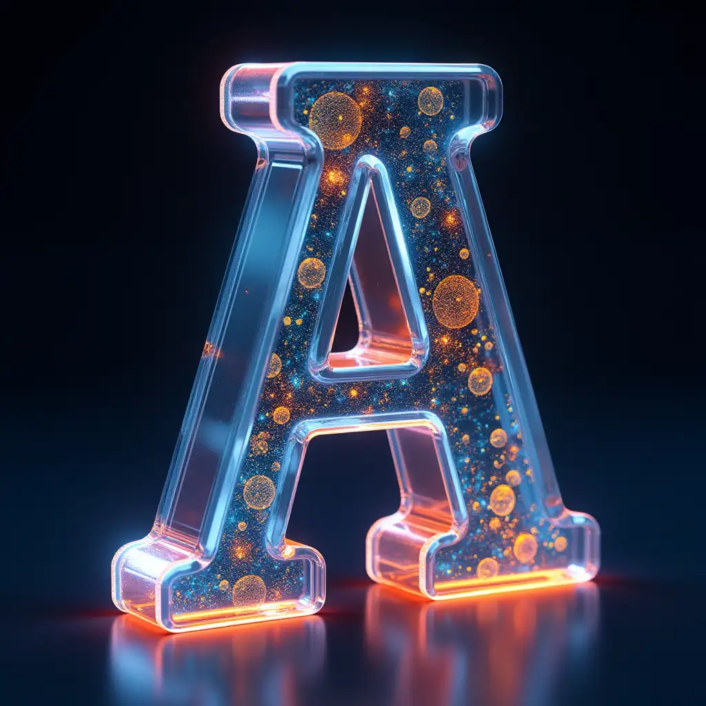 All alphabet letters made of transparent glass , 3D, autodesk sketchbook, Gustav Klimt style, ultra detail, studio lightening, cartoon, 3d, bioluminescence