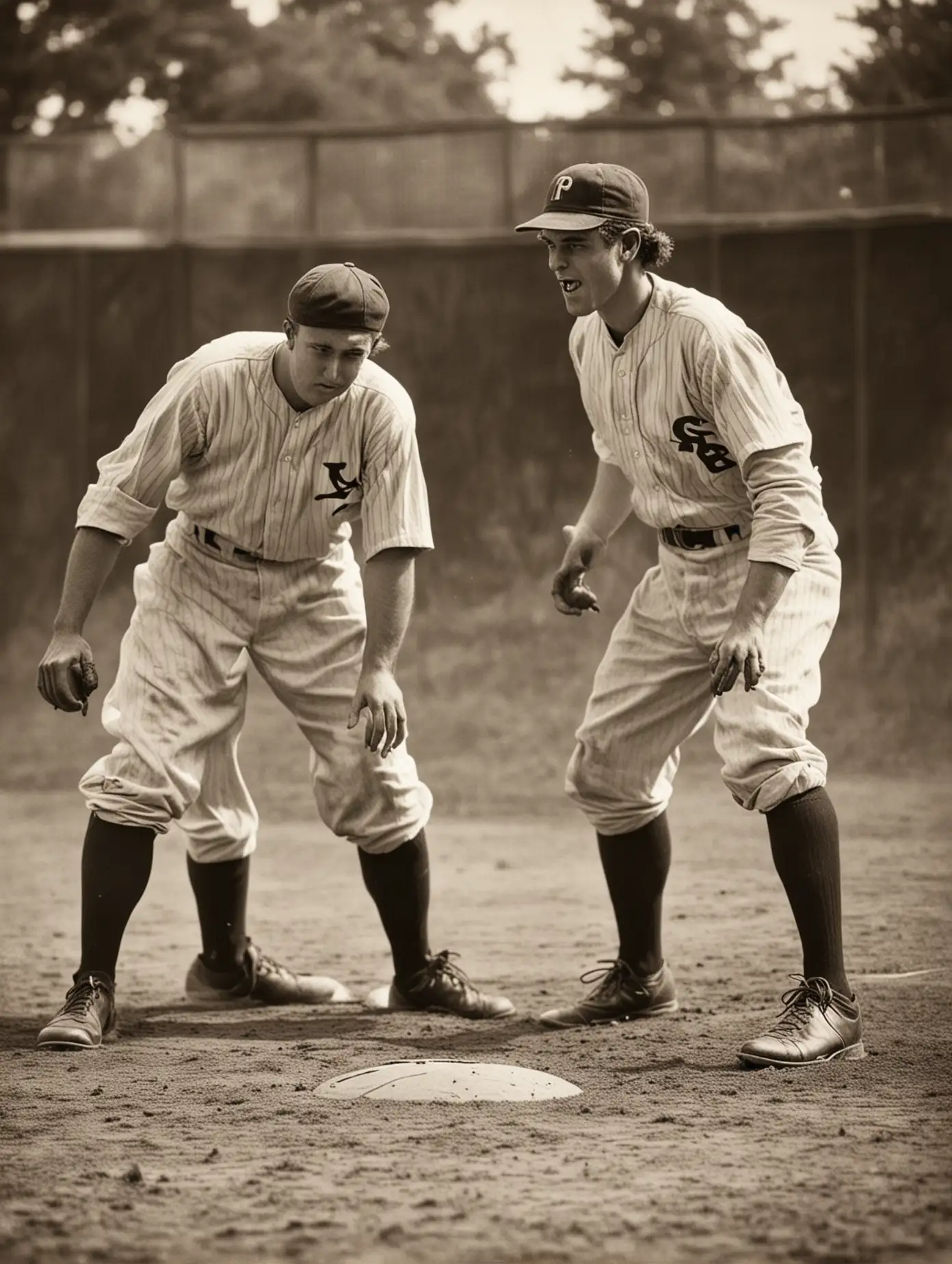 Early Baseball Players Sliding Feet First into Base with Fielder in Action