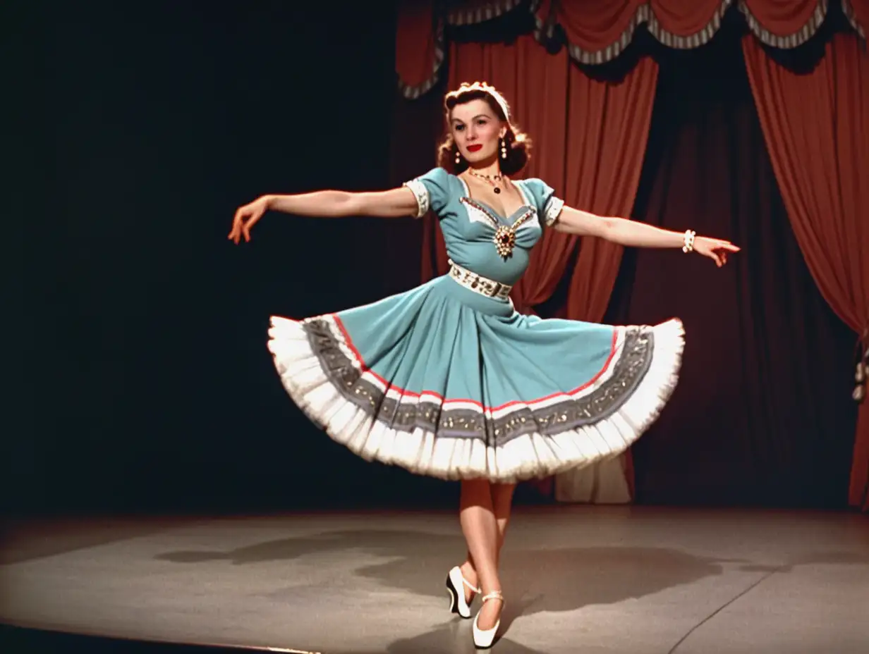 Marika Rökk in the 1948 color film 'Vienna' as a variete dancer performs a Russian dance on stage. She is dressed in a stylized Russian costume with a short skirt, high-heeled shoes, and jewelry