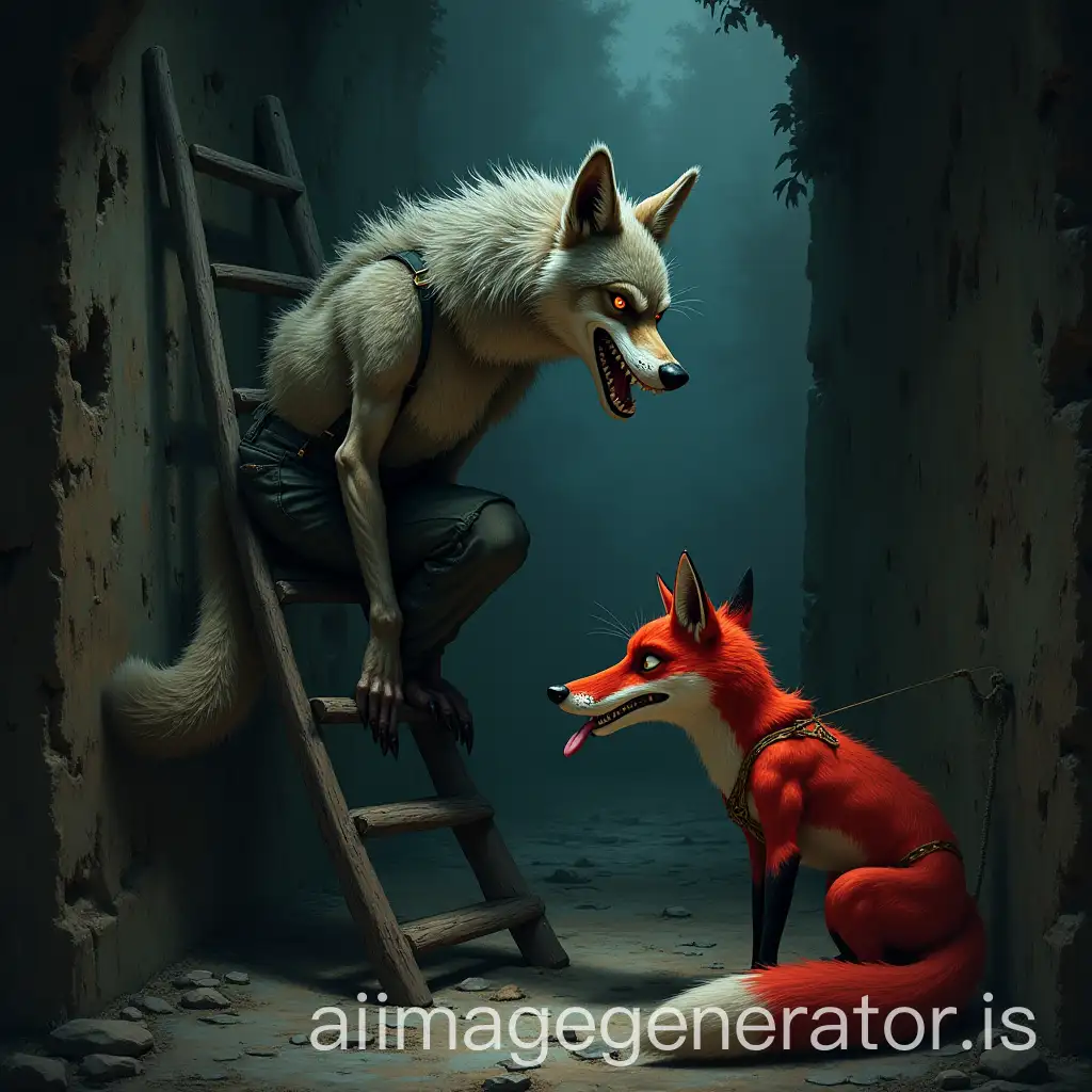In a dark, dilapidated chimney, a menacing, wolf with a sinister expression, , suspender pants, and a big fluffy tail swishing, carefully climbs down tail first a ladder, unaware of the danger beneath him. Hidden nearby, a slim,very evil-looking red fox with twisted long snouts, wicked grins, and drooling mouths, dressed in old pants and a hat, is tied up but eyes the wolf eagerly, his large pink tongue lolling out Suddenly, with a swift and wicked dark picture
