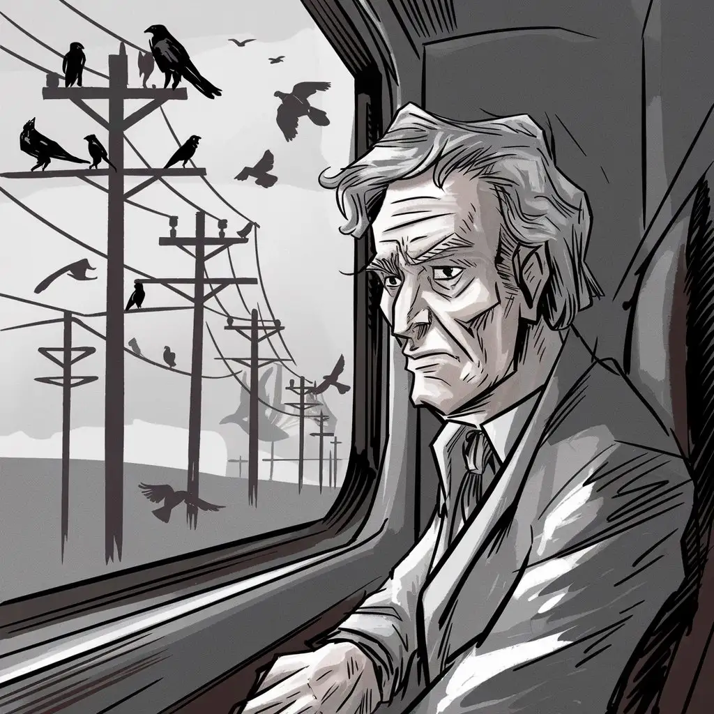 Draw: A grey-haired old man sitting in a train and looking maliciously out the window. Outside he sees electric poles. Between the poles on the wires sit birds. Crows, sparrows, eagle, pigeons.