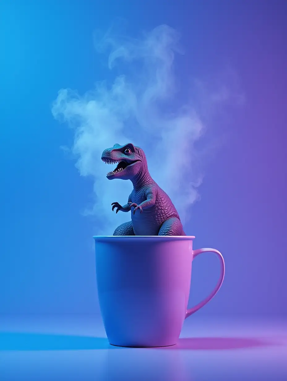 plain blue and purple background with a dinosaur inside a cup, some transparant smoke around it, spots of light