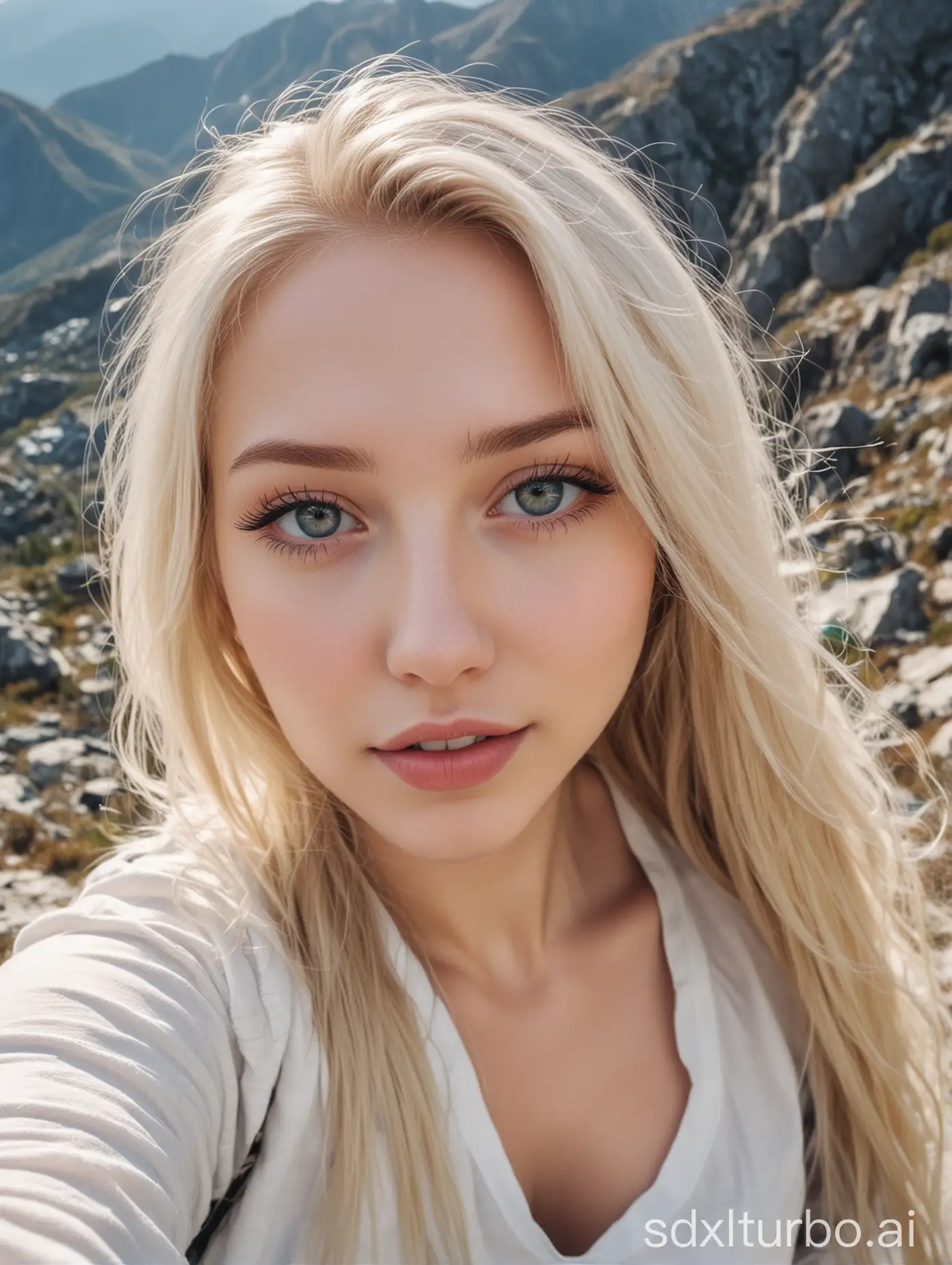 Beautiful blonde girl with white skin taking a selfie on a mountain