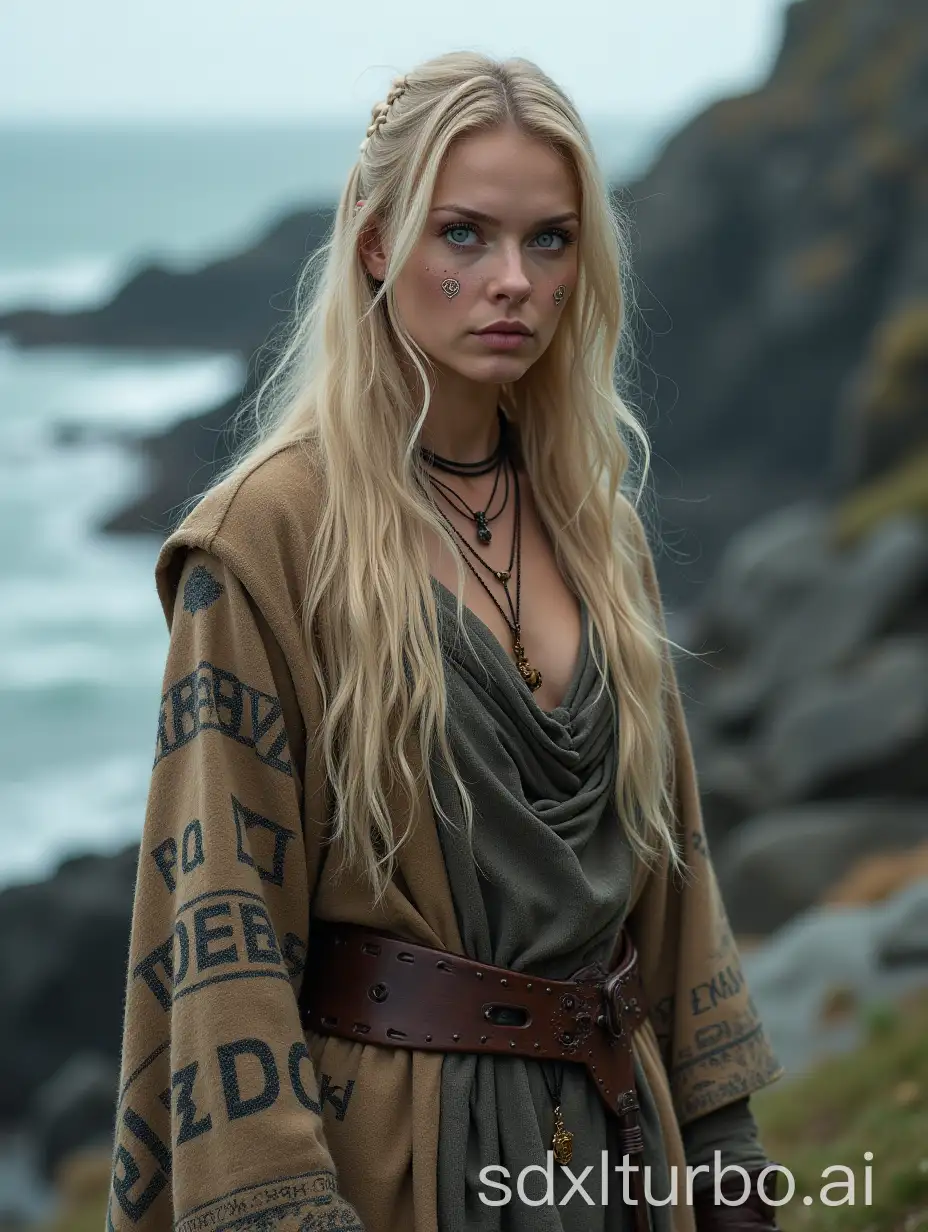 A nordic viking female shaman with long blond hair, blue eyes, wearing a long tunic adorned with runes and magical symbols, necklaces, a carved belt, tattoos, nordic atmosphere, a rocky sea shore in the back, high precision