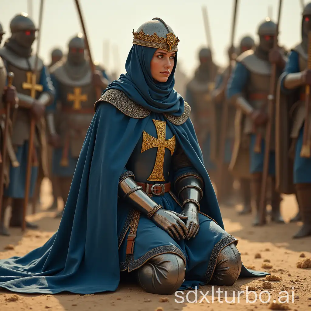 Beautiful German female knight, queen of the Kingdom of Jerusalem, dressed in a long blue cloak, plate gloves, plate boots, balaclava, helmet with a golden crown, on the woman's chest is a Jerusalem cross embroidered with gold threads, in the desert an unarmed female knight-queen is kneeling and surrounded by enemies - the Saracens, the Saracens took the queen prisoner