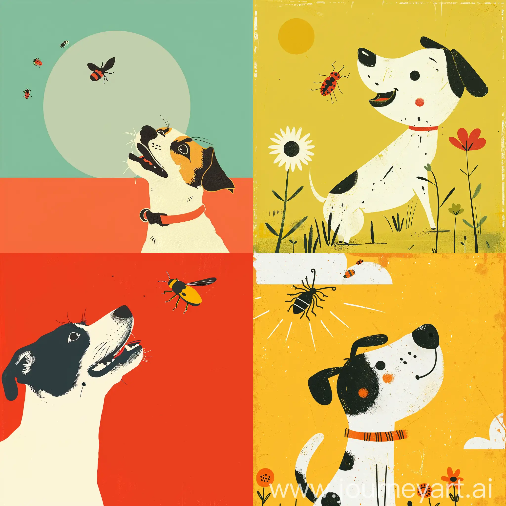 Cheerful-Dog-Inviting-Bugs-in-Bright-Minimalistic-Childrens-Poster