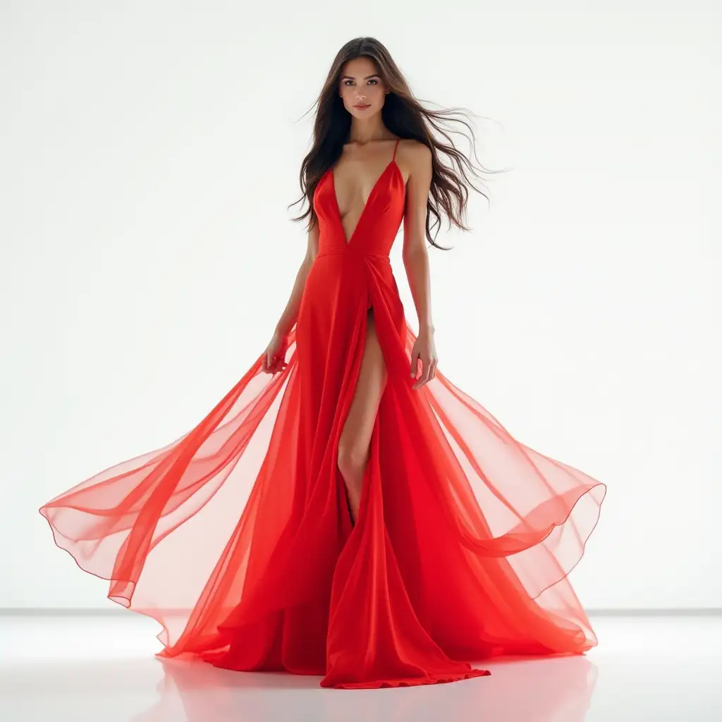 A tall, slender female model with long flowing dark hair, wearing a vibrant red evening gown, posing on a white runway, solid white background, full body shot, high resolution, 8k, photorealistic, sharp focus, professional lighting, studio lighting, --ar 16:9 --zoom 2 --style raw