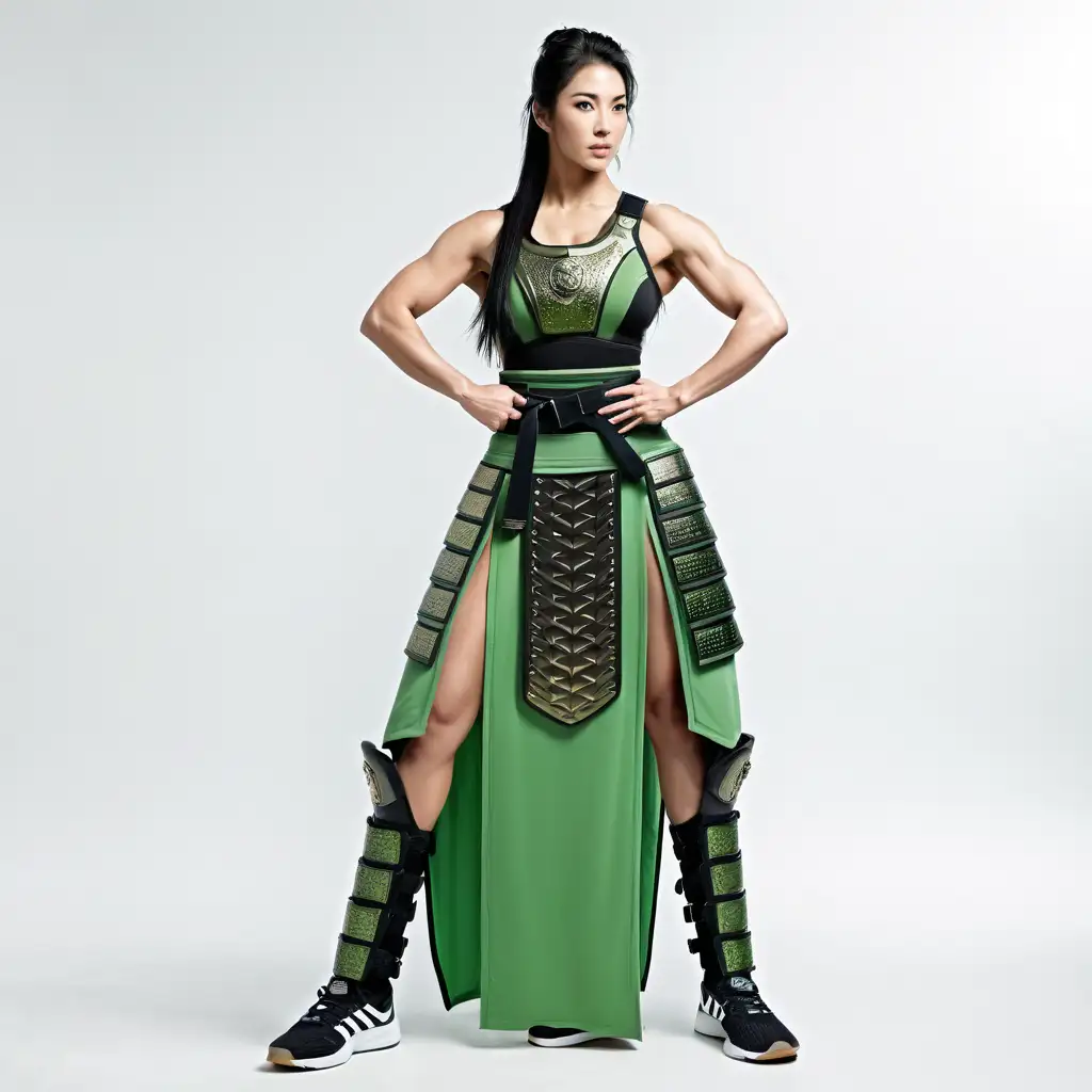 Japanese Woman Bodybuilder in Green Samurai Armor