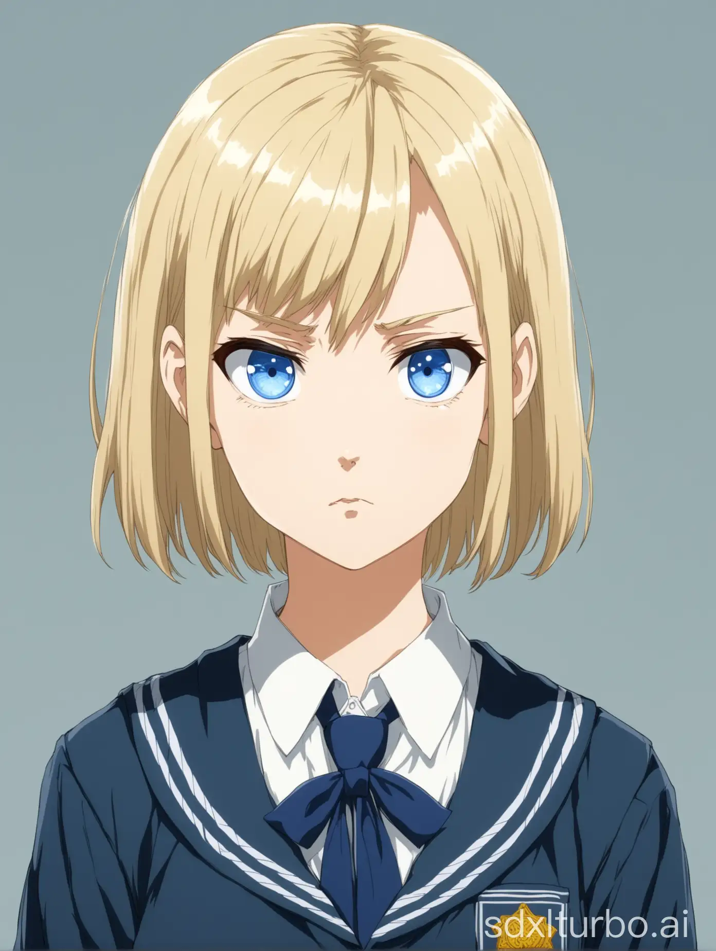 Anime character design of tall 17-year-old serious but loving kind looking girl with serious expression, with short blond hair and blue eyes wearing school uniform