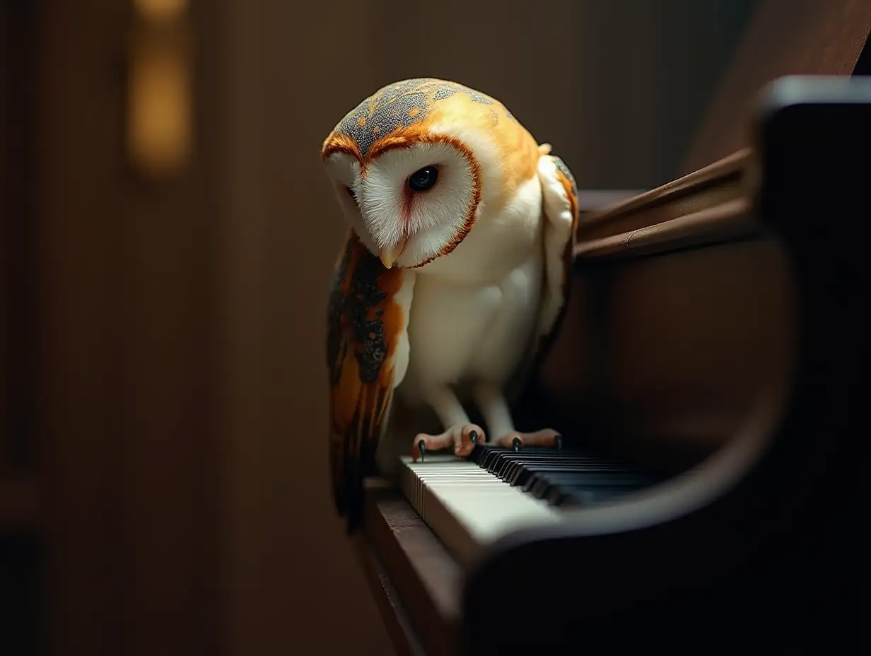 Barn-Owl-Resting-on-Grand-Piano-Keys-in-Atmospheric-Scene