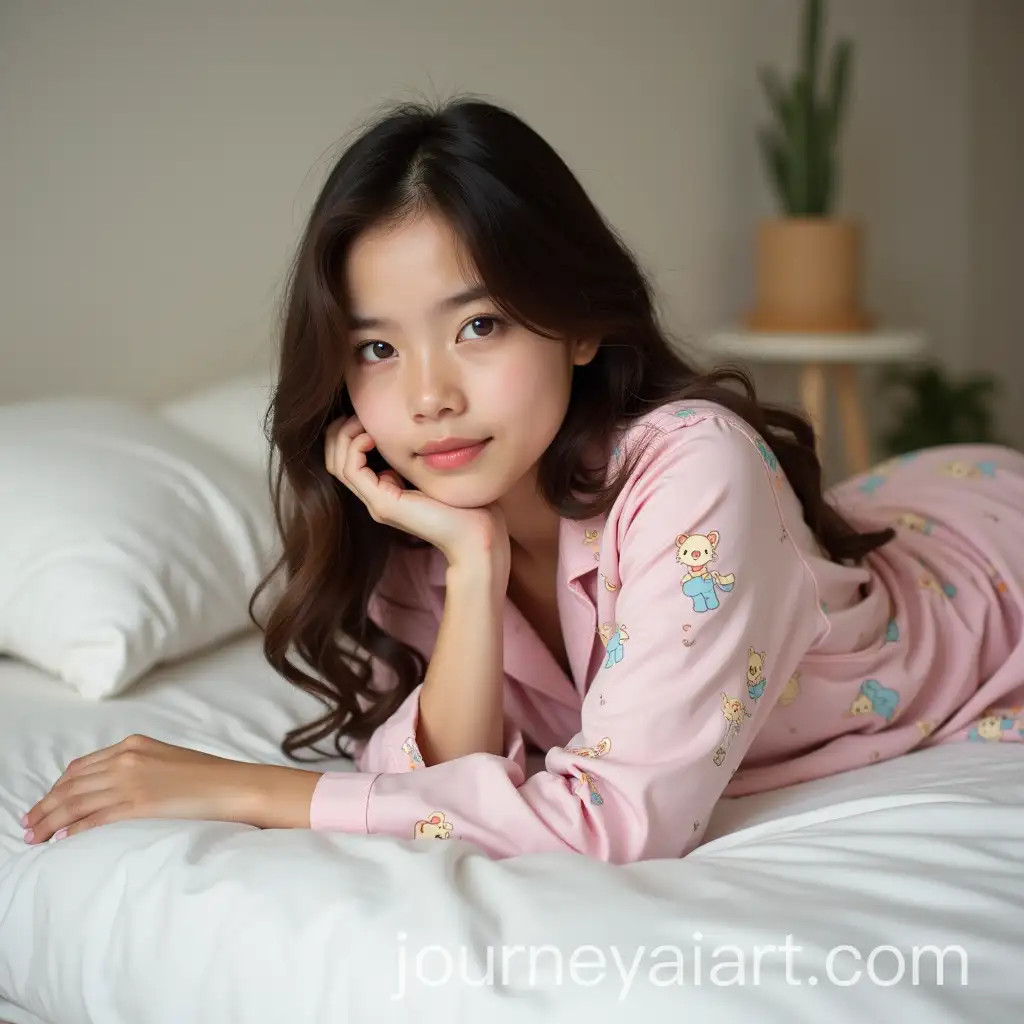 Young-College-Girl-in-Feminine-Pastel-Pajamas-Lying-on-Bed