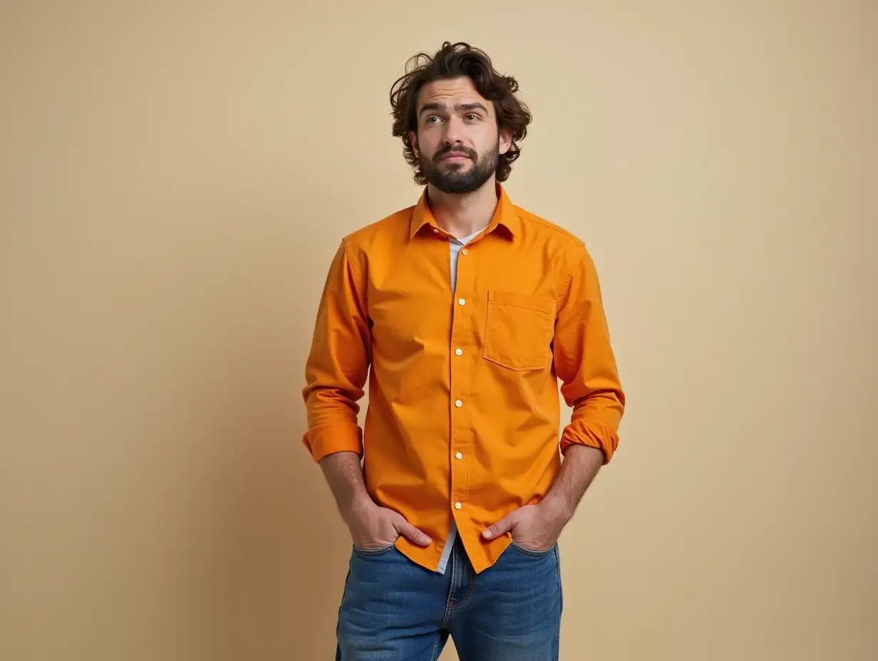 man in orange colors shirt and blue jeans is confused and thinking about choosing one choice