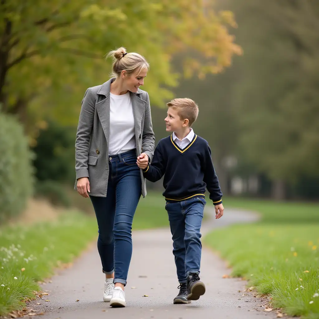 Happy-Mother-and-Son-Walking-Along-a-Path-in-School-Uniforms