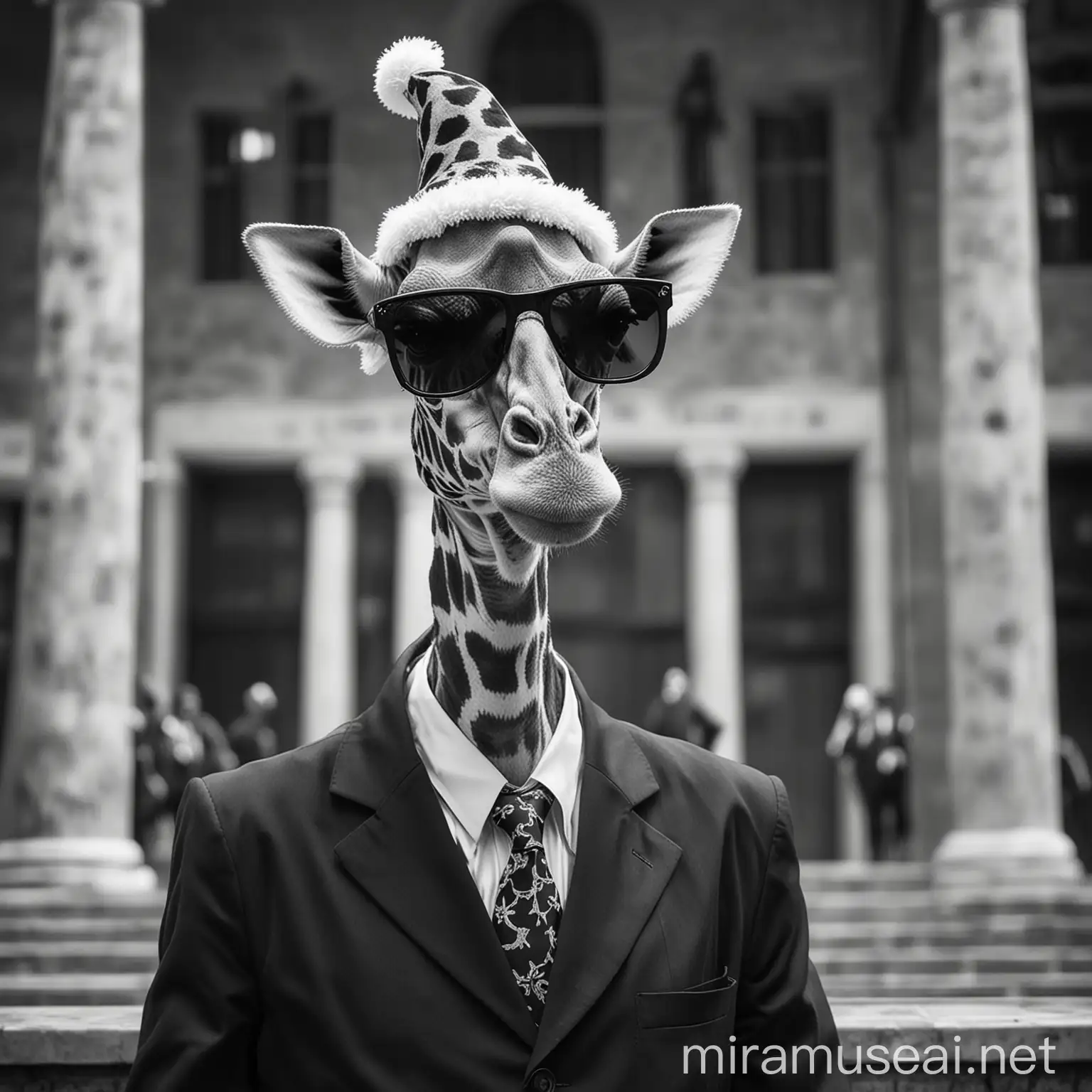 Giraffe Lawyer in Christmas Hat and Sunglasses Monochrome Courtroom Scene