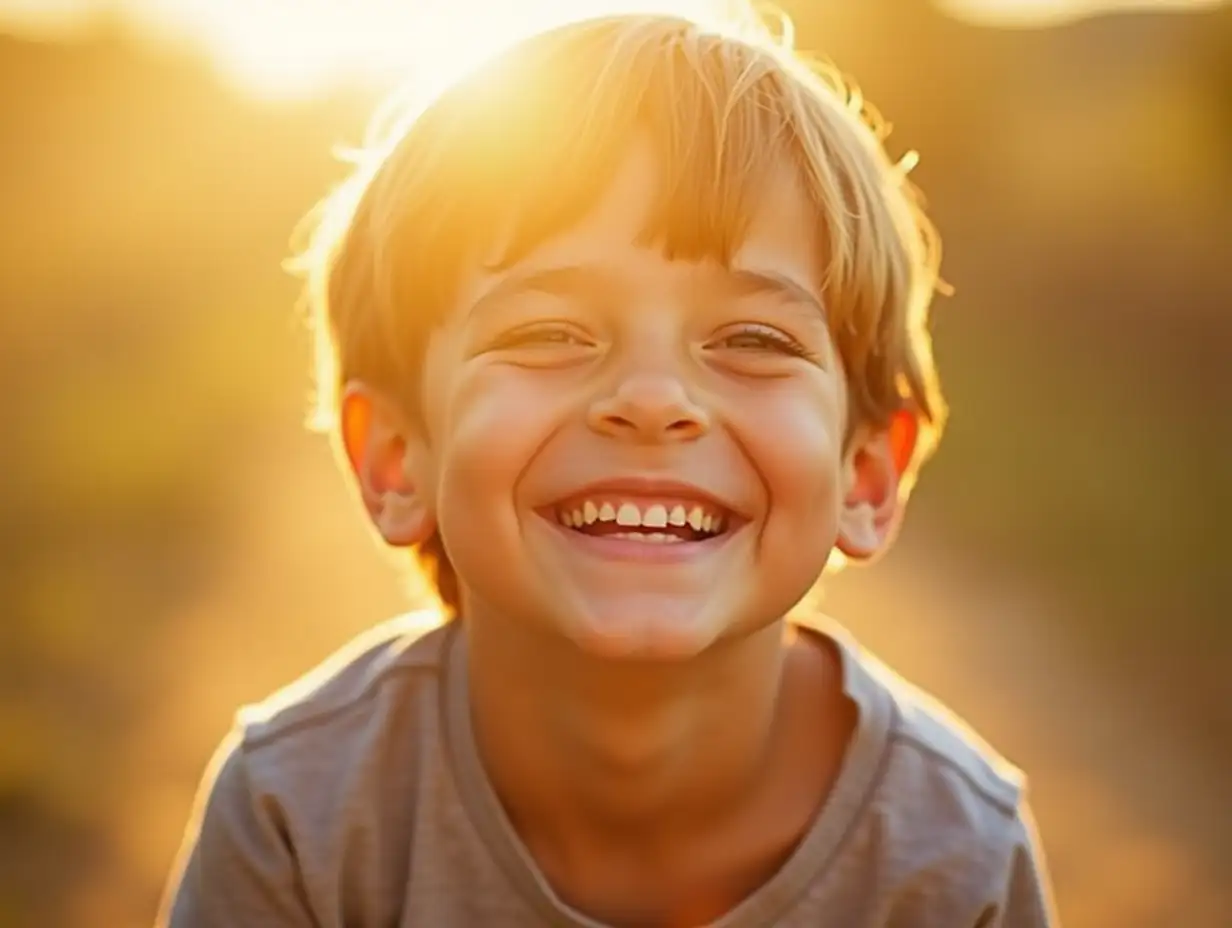 Joyful portrait of a young boy with a wide smile, bathed in warm, golden light. His expression radiates happiness and the carefree nature of childhood adventures.