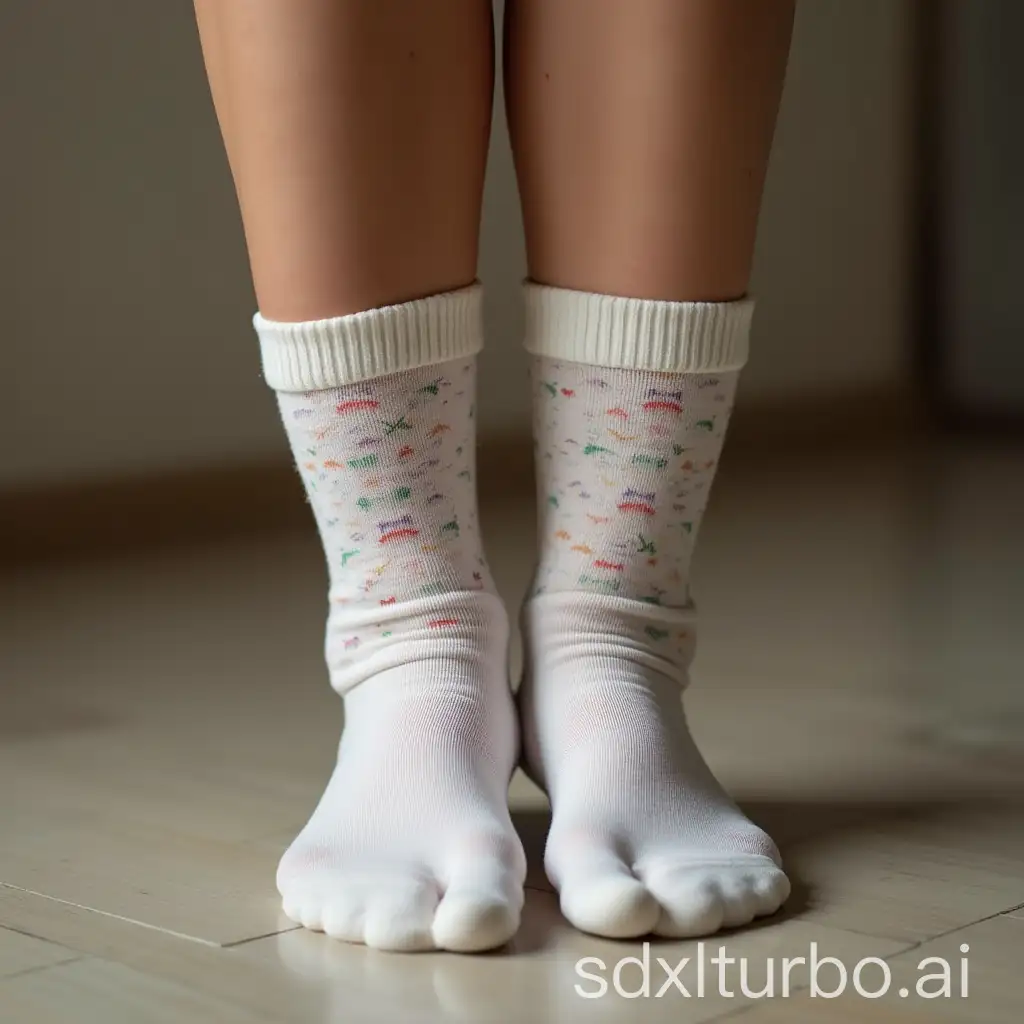 Young-Woman-Relaxing-with-Feet-on-Display-in-Socks