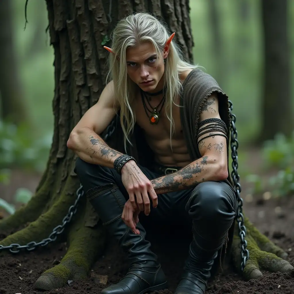 Sad Fantasy Elf Chained to a Tree in a Muddy Forest