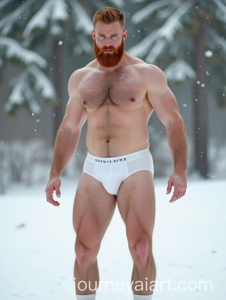 Beefy-Ginger-Man-with-Tattoos-Striking-Action-Pose-in-Snow