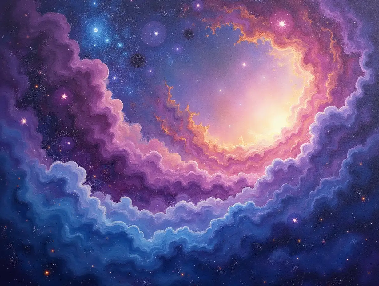 An abstract painting of swirling galaxies with vivid hues of purple, blue, and gold