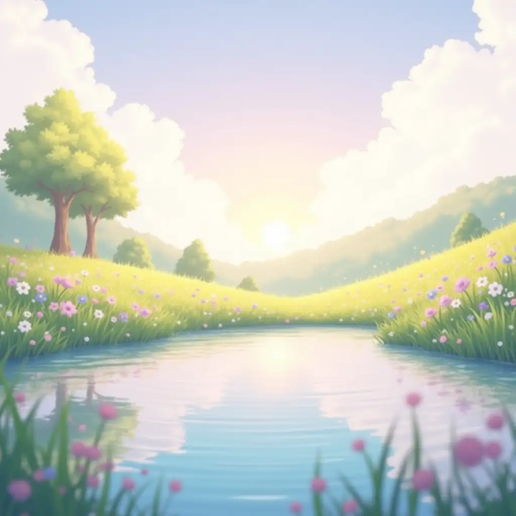 Generate a soft, serene anime-style landscape with a rolling meadow, gentle hills, and a sky in pastel pink, lavender, and blue. The ground should be covered with delicate flowers and soft grasses. Add a few fluffy clouds and a tranquil pond with smooth, reflective water, featuring gentle, moving waves. Lighting should be warm and soft, like sunset, casting gentle shadows and bathing the scene in a dreamy glow. The atmosphere should feel calm and peaceful, with a smooth gradient between light and shadow. Use simple, stylized textures—gentle gradients of green and yellow for the grass, delicate flowers in soft pinks, lavenders, and whites. Keep trees simple and blocky with pastel-colored leaves, and add a few floating petals for a touch of movement. Position the camera slightly elevated to capture the meadow and pond, with a shallow depth of field focusing on the foreground while the background fades softly. The color palette should be pastel—soft pinks, purples, blues, and greens. The mood should be tranquil and dreamlike, evoking a magical, peaceful world. Add subtle depth-of-field effects, a faint light glow around objects, and a soft mist near the water’s edge to enhance the ethereal, calming atmosphere.