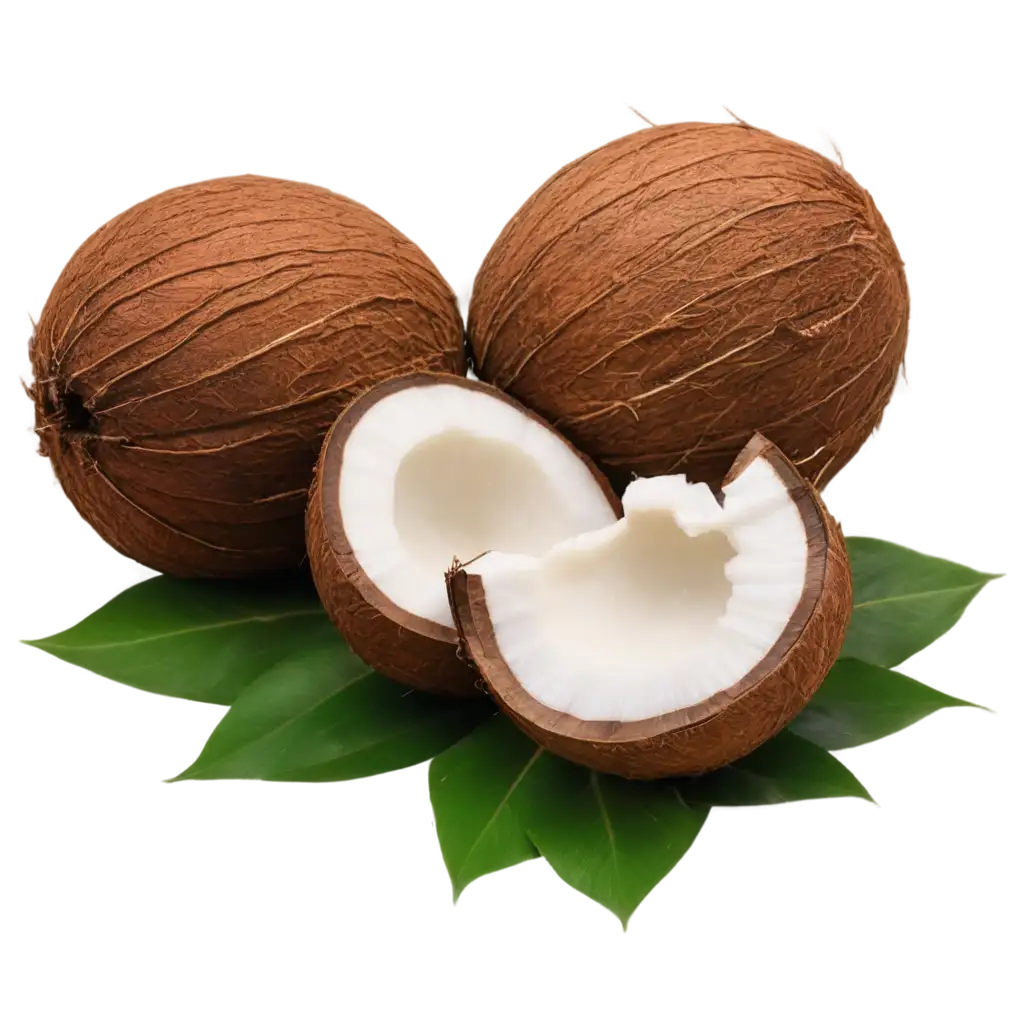 HighQuality-PNG-Image-of-Broken-Fresh-Coconut-Shells-with-Leaves-Real-Photo-for-Versatile-Use