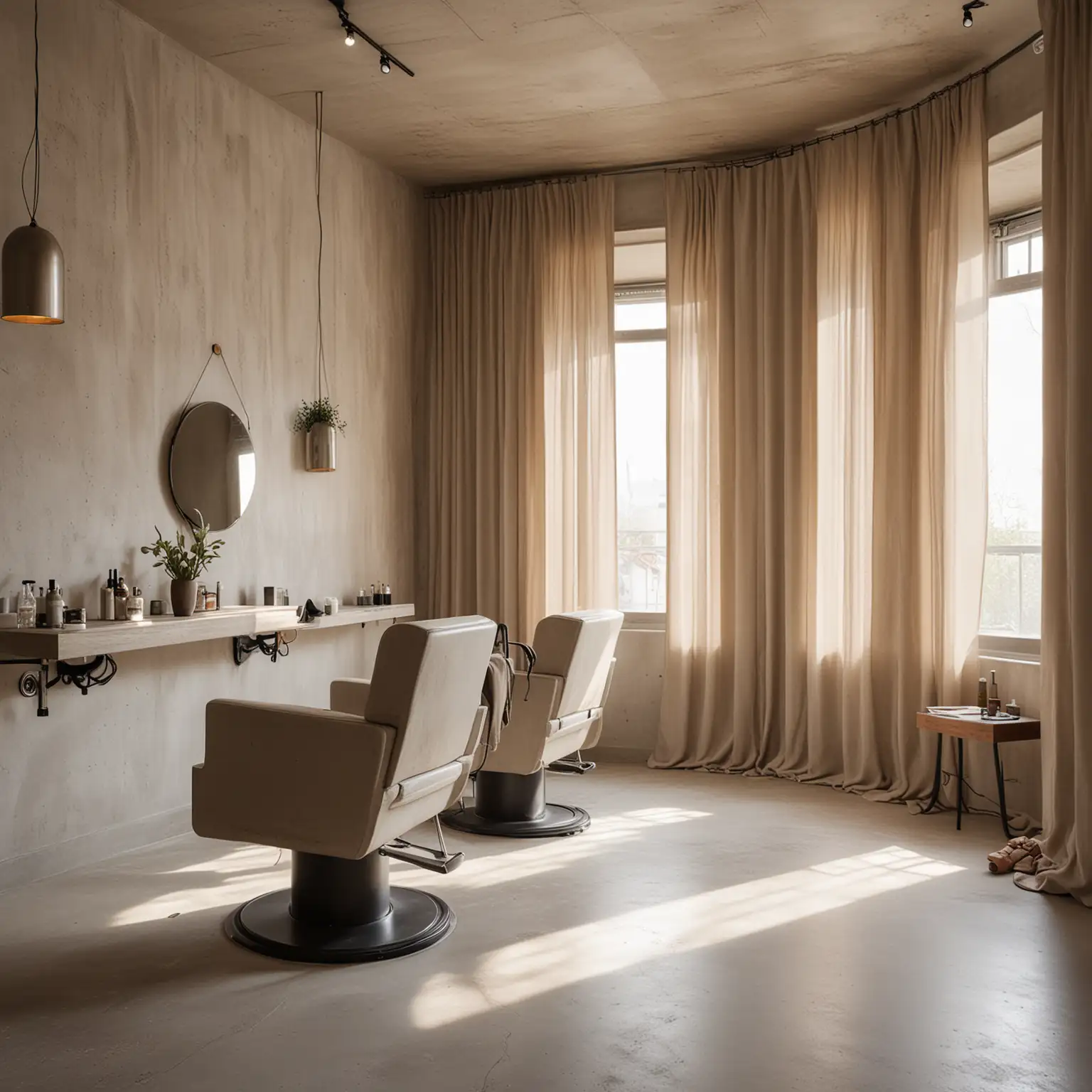 simple, minimalistic yet modern hair salon, include salon equipment. serene atmosphere, soft diffused light creating ambient glow, organic rough texture plastered concrete finished walls, clean soft warm colors, relaxation and wellness space with sheer curtains filtering the light,