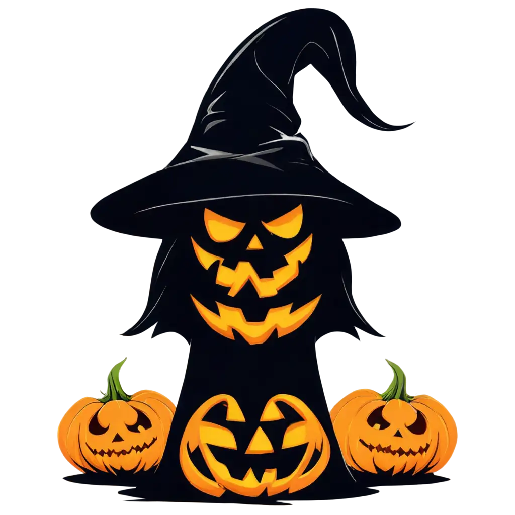 Helloween-Witch-Hat-with-Pumpkin-and-Ghost-Terror-Cartoon-PNG-Image