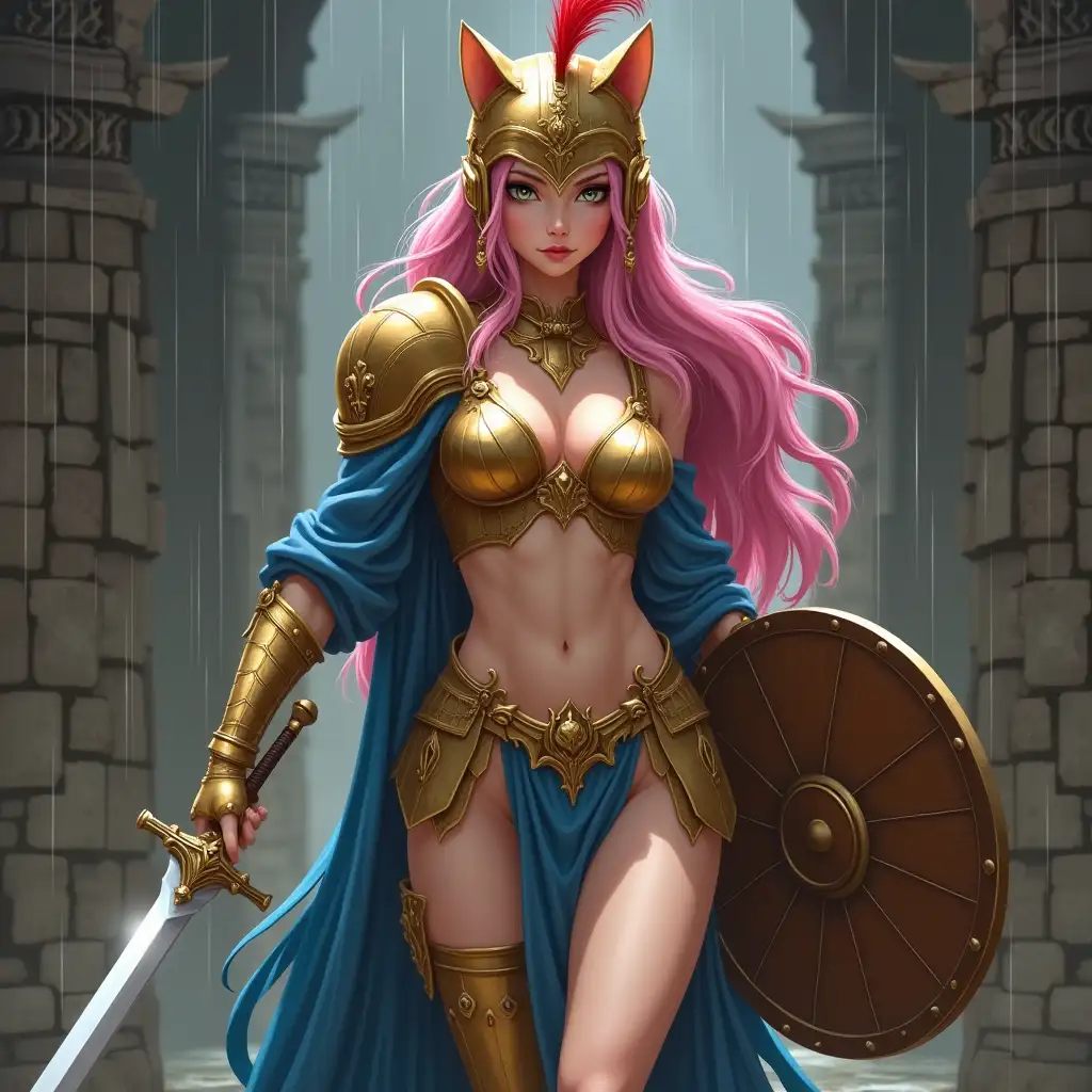 Fierce-Female-Warrior-in-Ancient-Golden-Armor-with-Sword-and-Shield