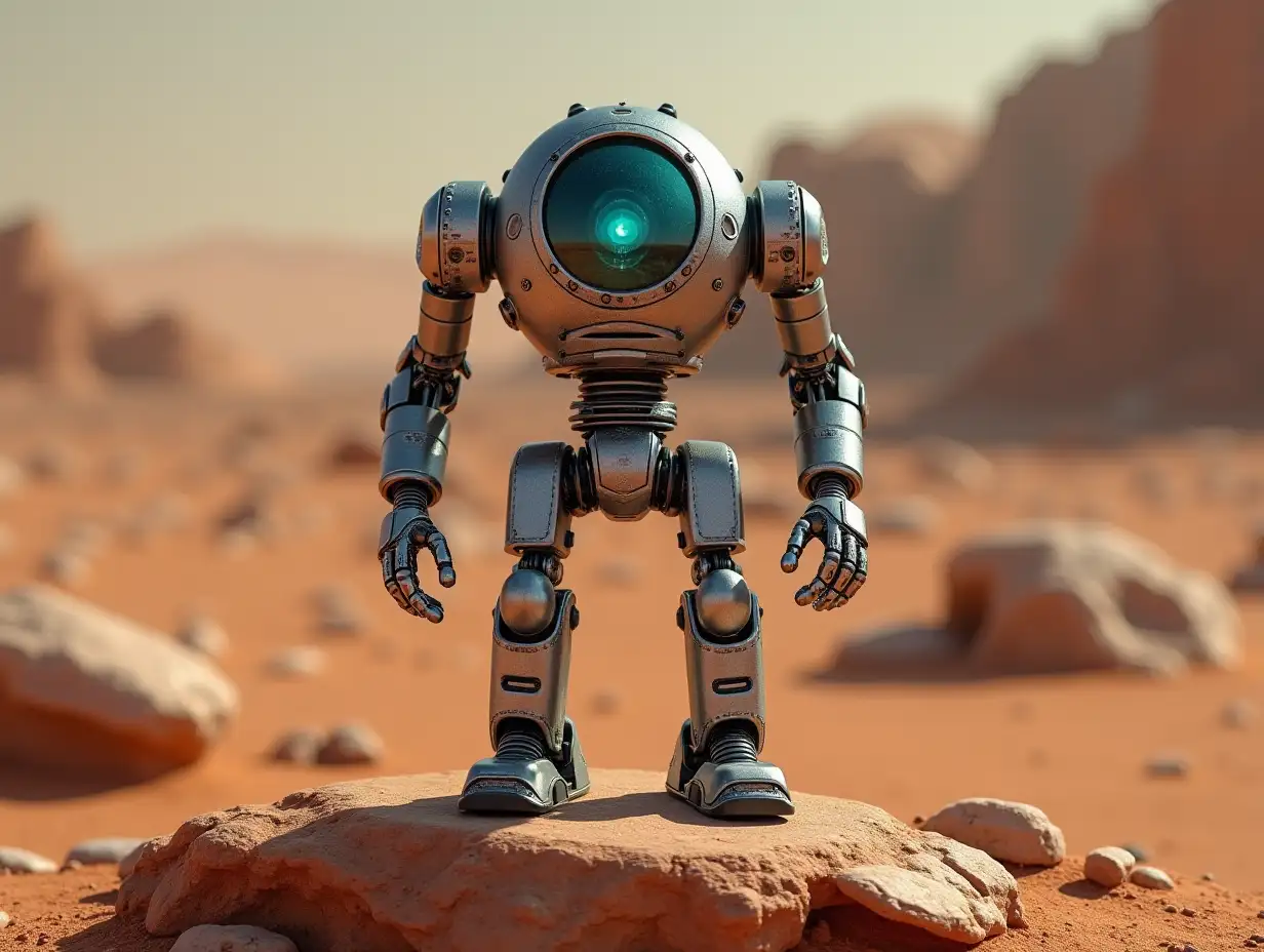 Create a high-resolution, realistic image of artificial intelligence Robert with robot legs and feet made of metal and glass head with gears, fiber optics, LEDs on Mars on a rock in 4k resolution with