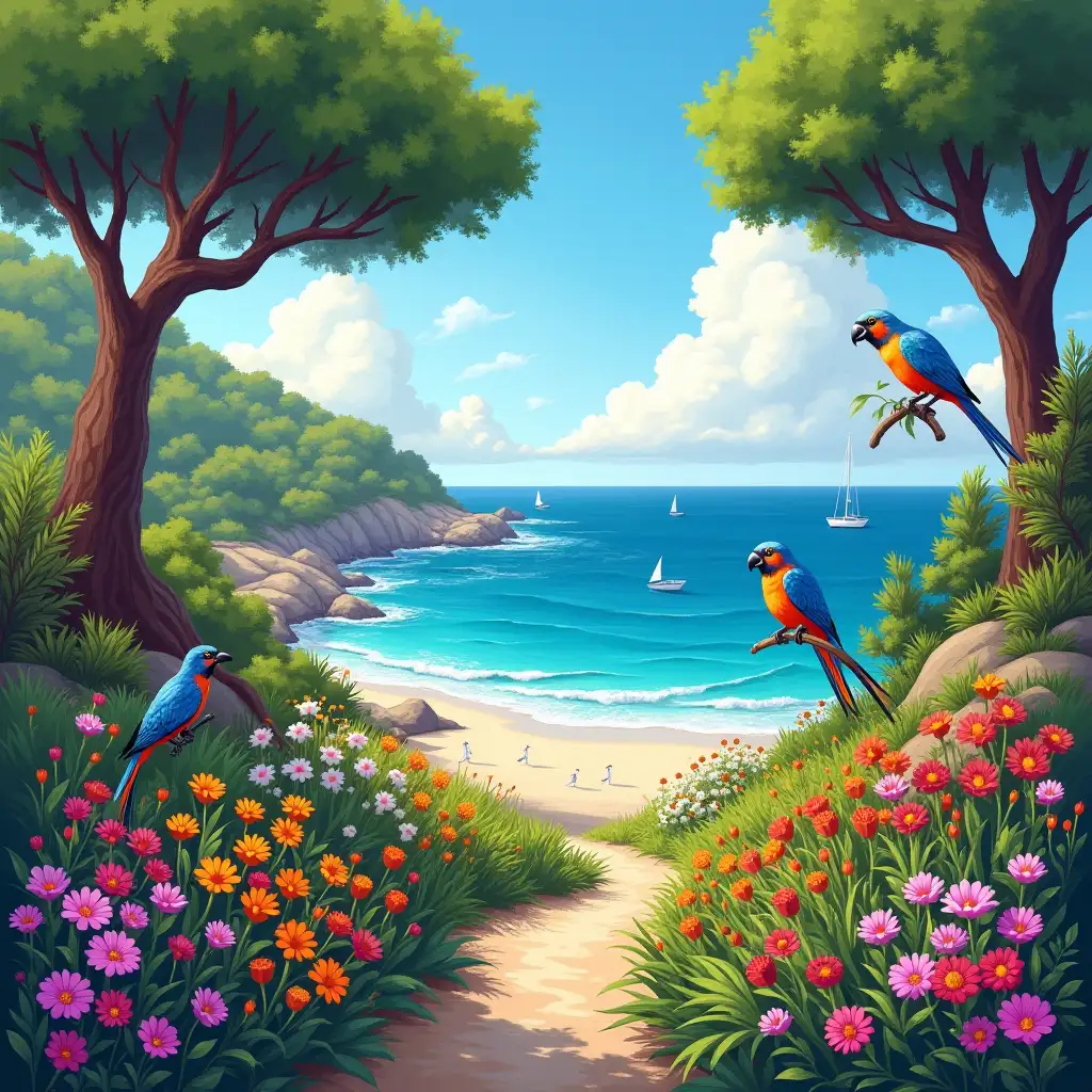 Mediterranean forest near the beach with flowers and colored birds