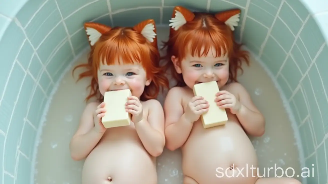 Pregnant-Redhead-Girls-with-Cat-Ears-in-Preschool-Bathtub-Biting-Soap-Bar