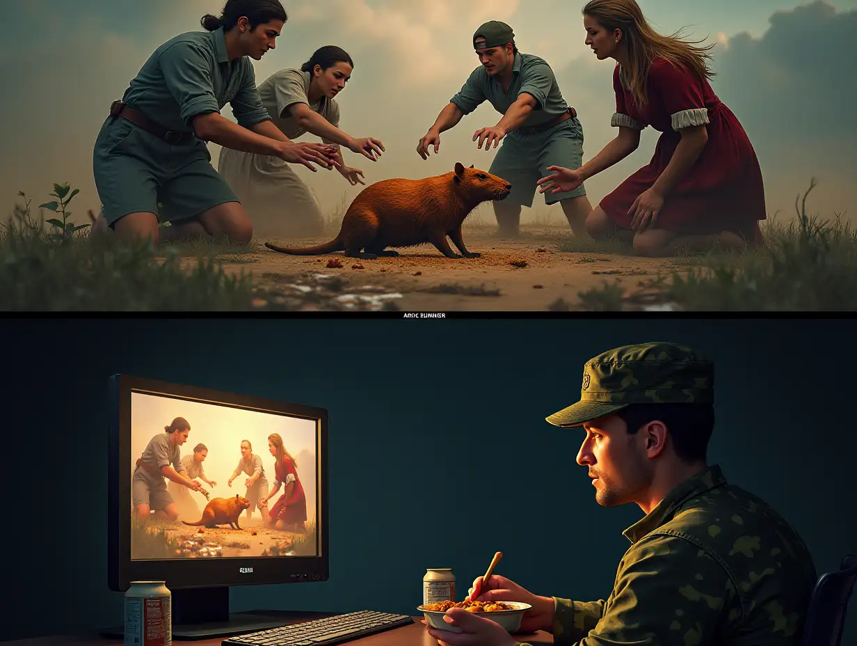 user_prompt: Picture. at the top, on the ground a group of two men and three women are fighting over a roasted rat. At the bottom, from the bunker, a man in camouflage watches this scene on a monitor screen while eating canned stew.