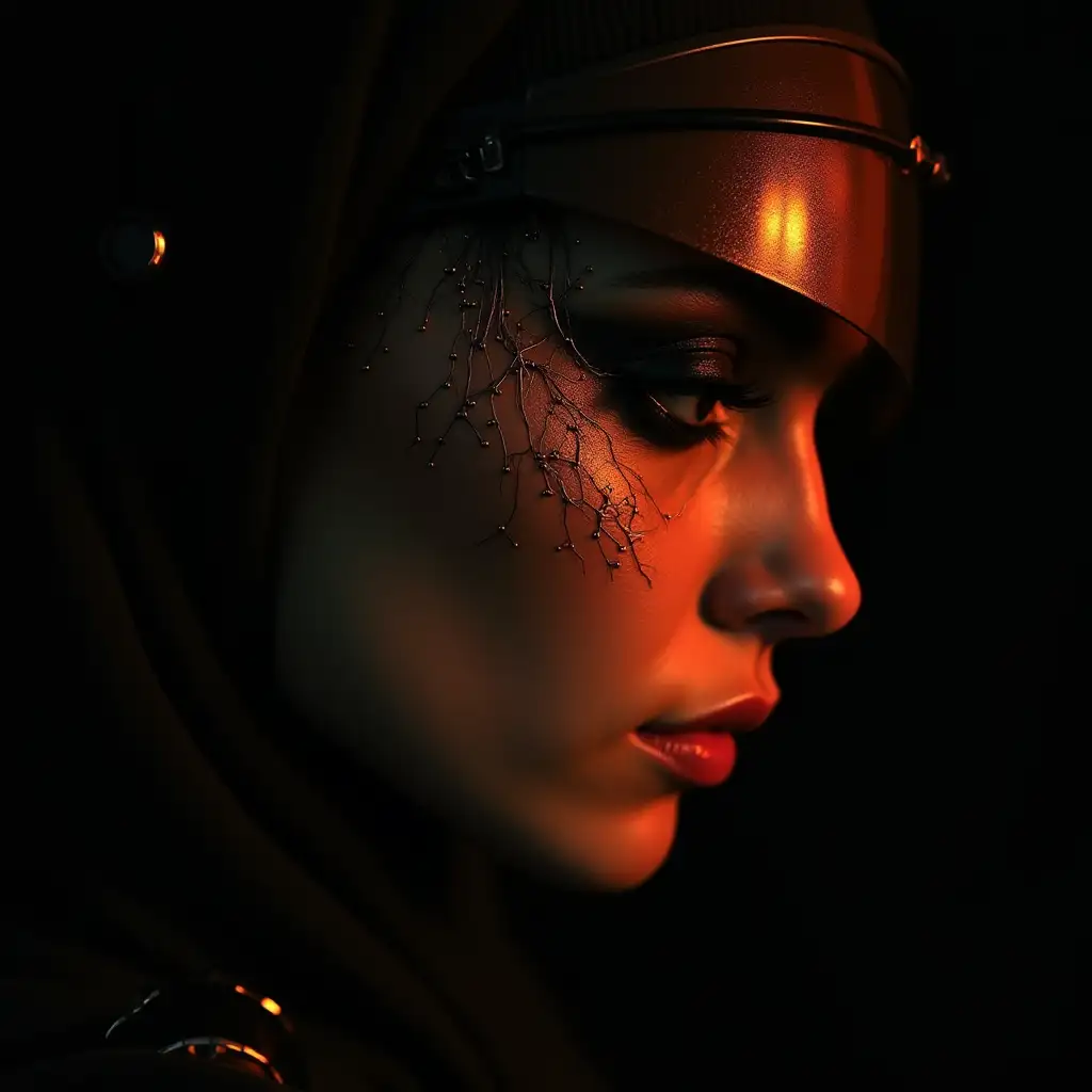 Cyborg-Cleopatra-Portrait-in-Dystopian-Dark-Palette-with-Glowing-Circuitry